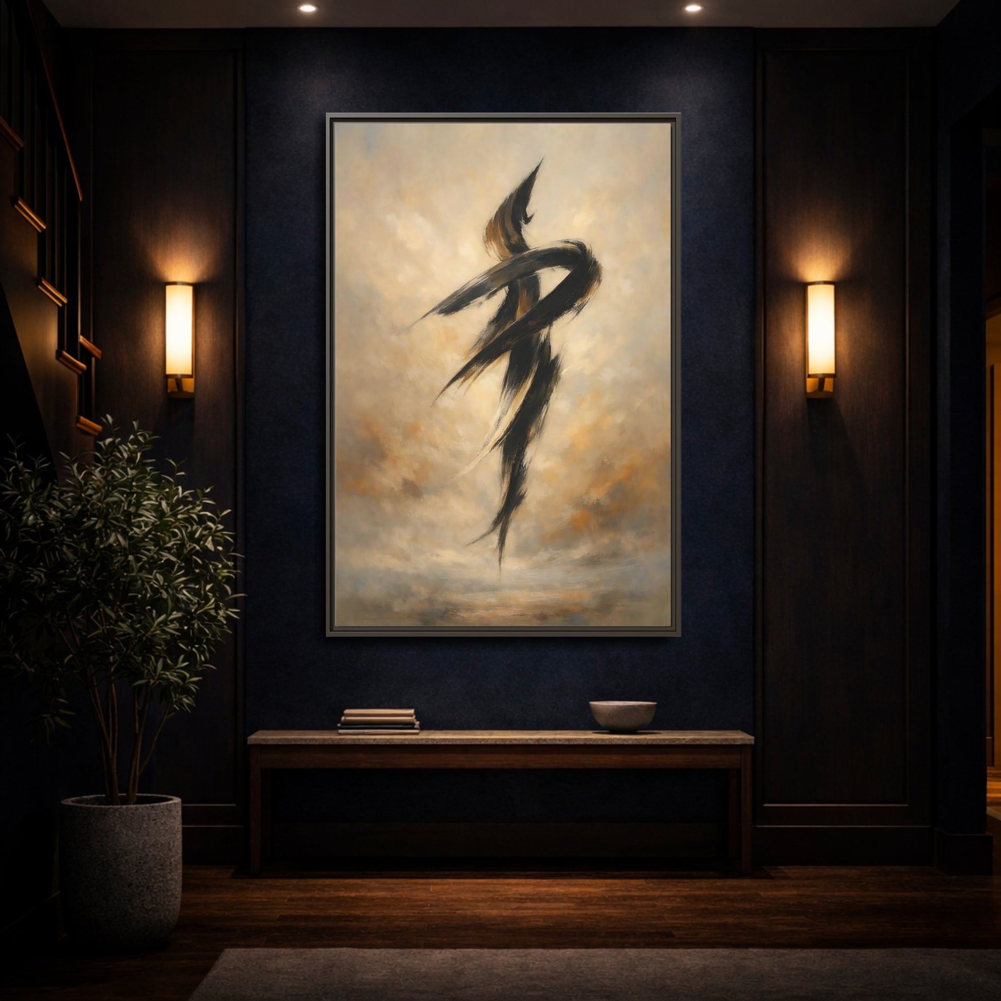 Mockup 3. Abstract Abstract Strokes Brown And Beige shown as stretched canvas wall art
