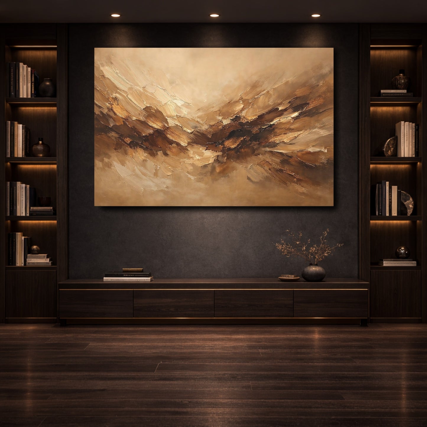 Mockup 3. Abstract Abstract Strokes Brown And Beige shown as stretched canvas wall art