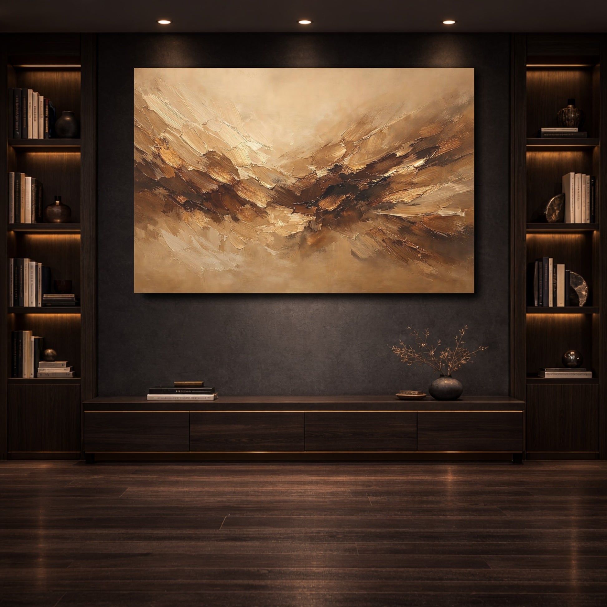 Mockup 3. Abstract Abstract Strokes Brown And Beige shown as stretched canvas wall art