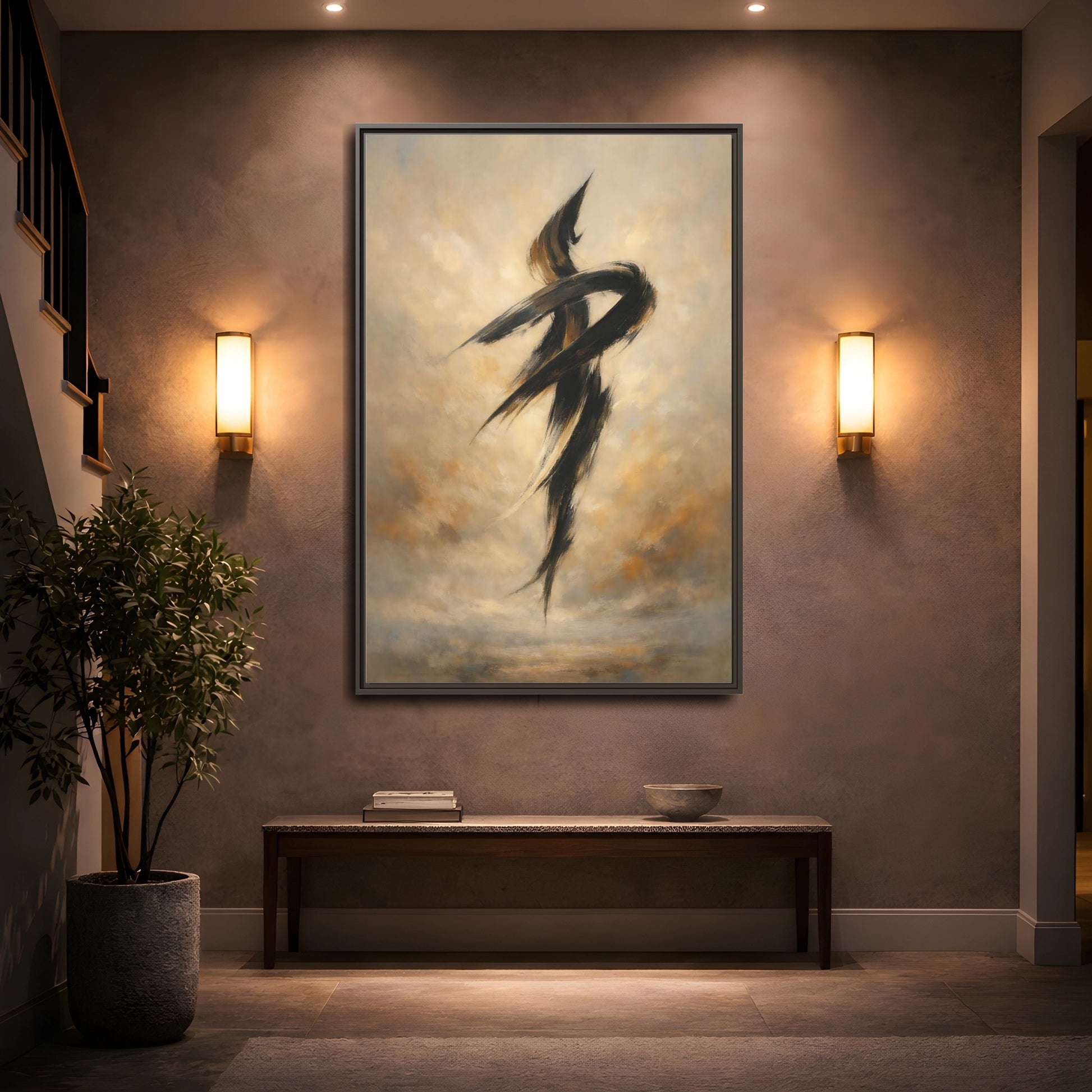 Mockup 4. Abstract Abstract Strokes Brown And Beige shown as stretched canvas wall art