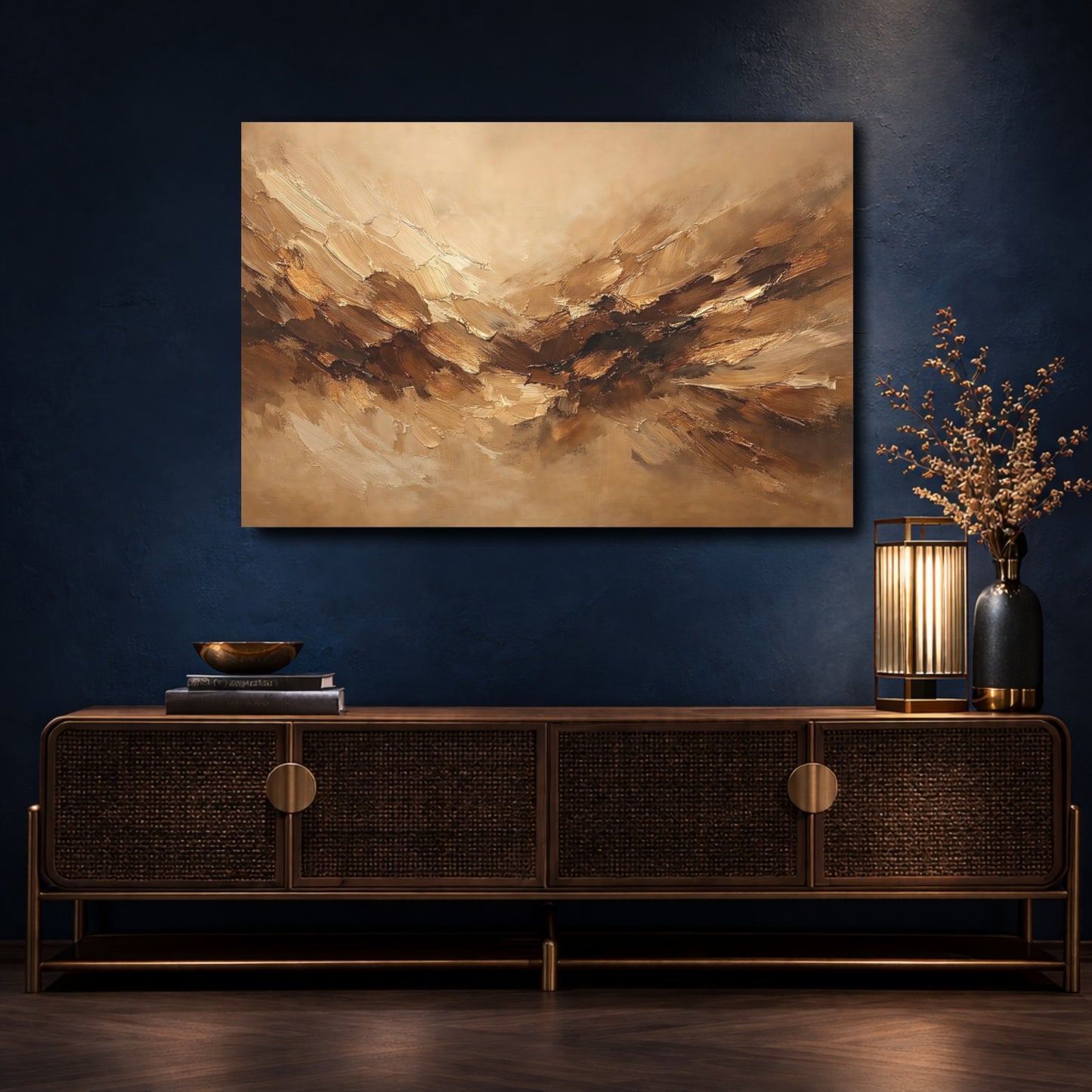 Mockup 4. Abstract Abstract Strokes Brown And Beige shown as stretched canvas wall art