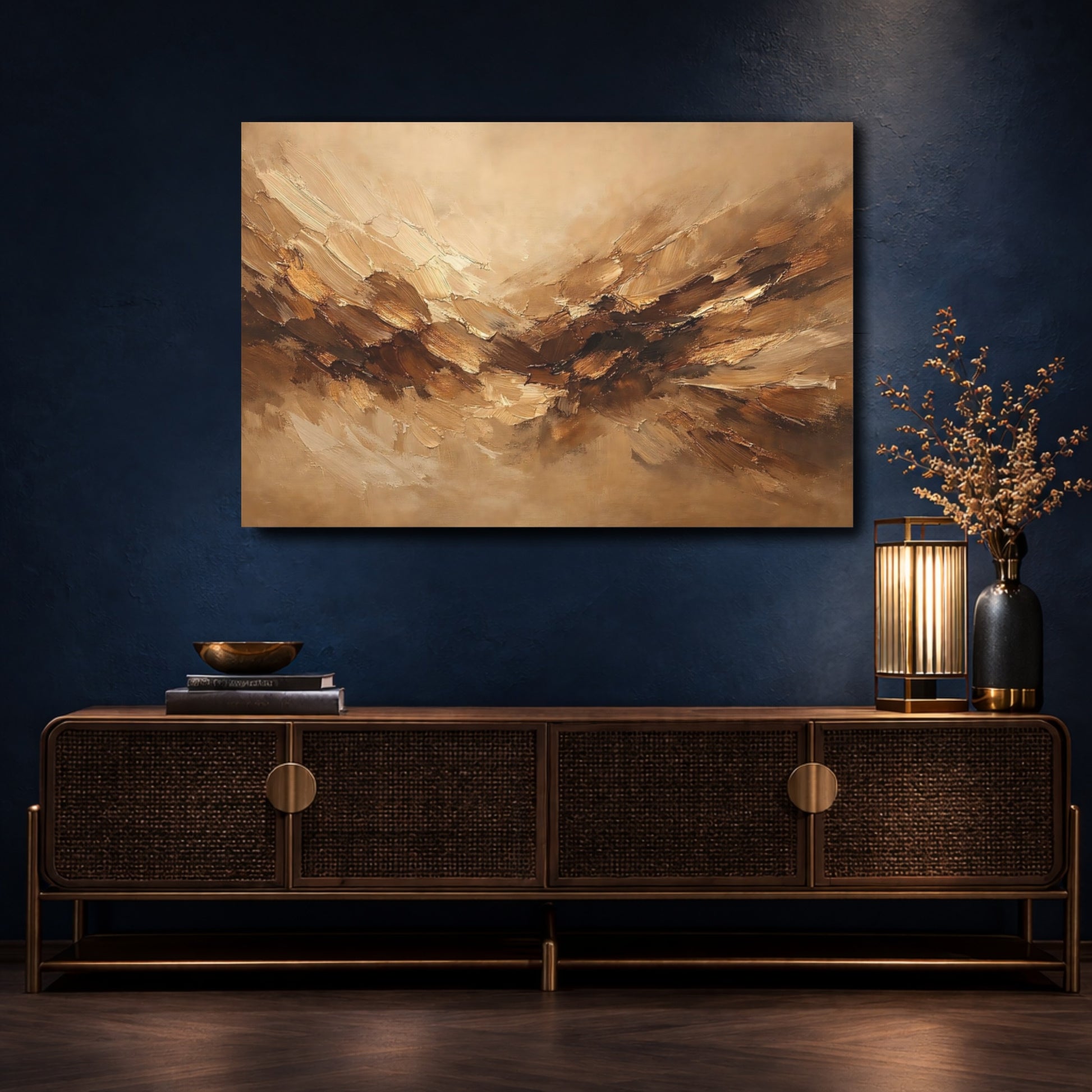 Mockup 4. Abstract Abstract Strokes Brown And Beige shown as stretched canvas wall art