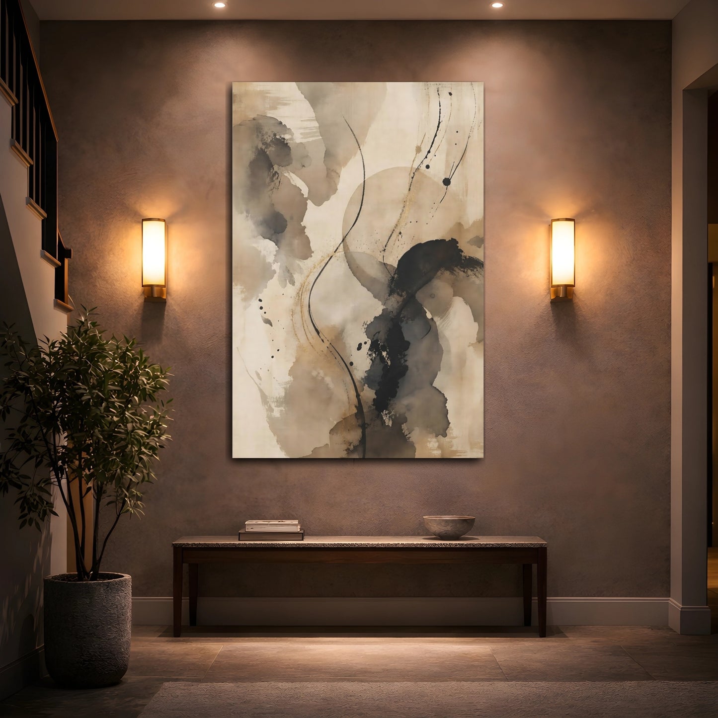 Mockup 2. Abstract Abstract Strokes Brown And Black shown as stretched canvas wall art