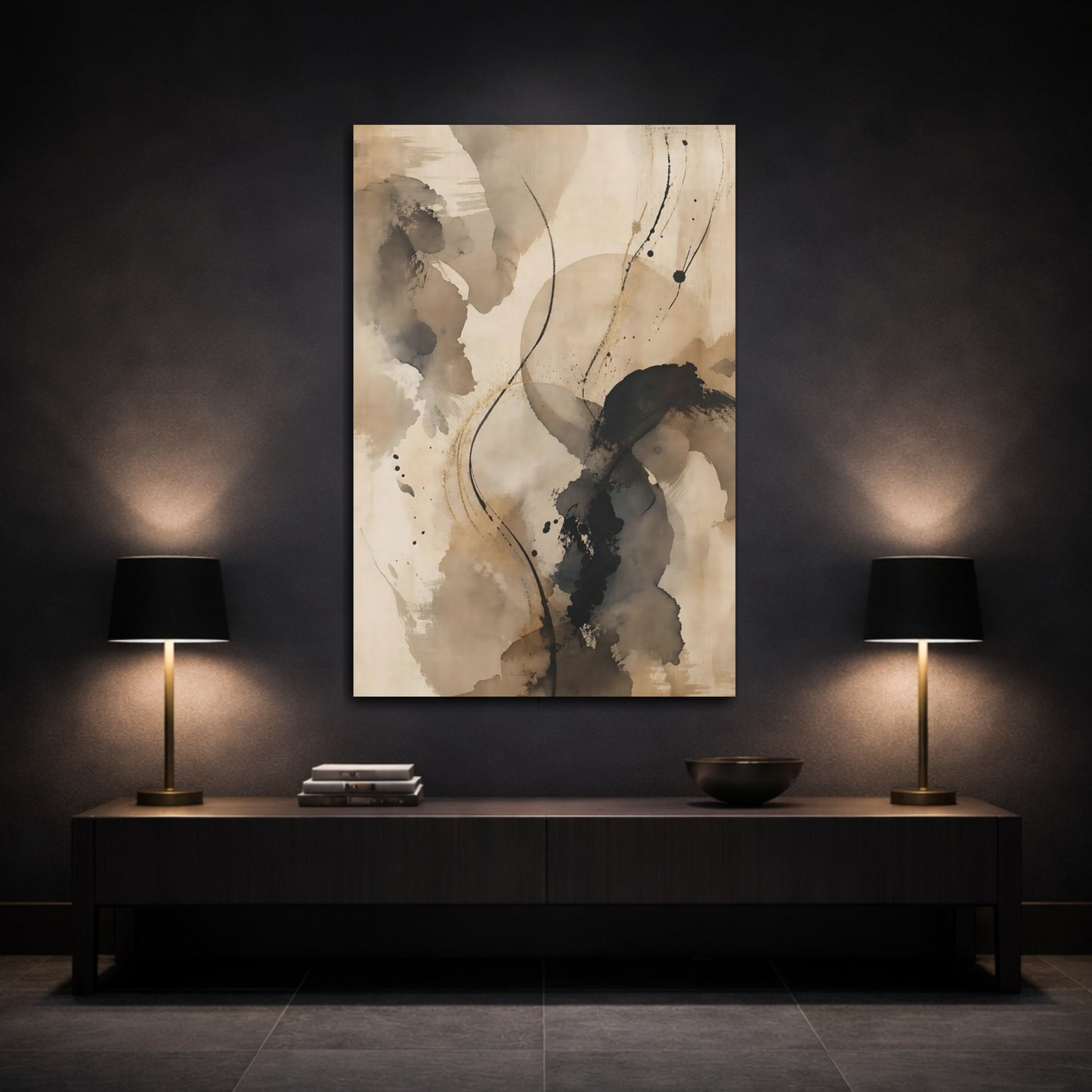 Mockup 3. Abstract Abstract Strokes Brown And Black shown as stretched canvas wall art