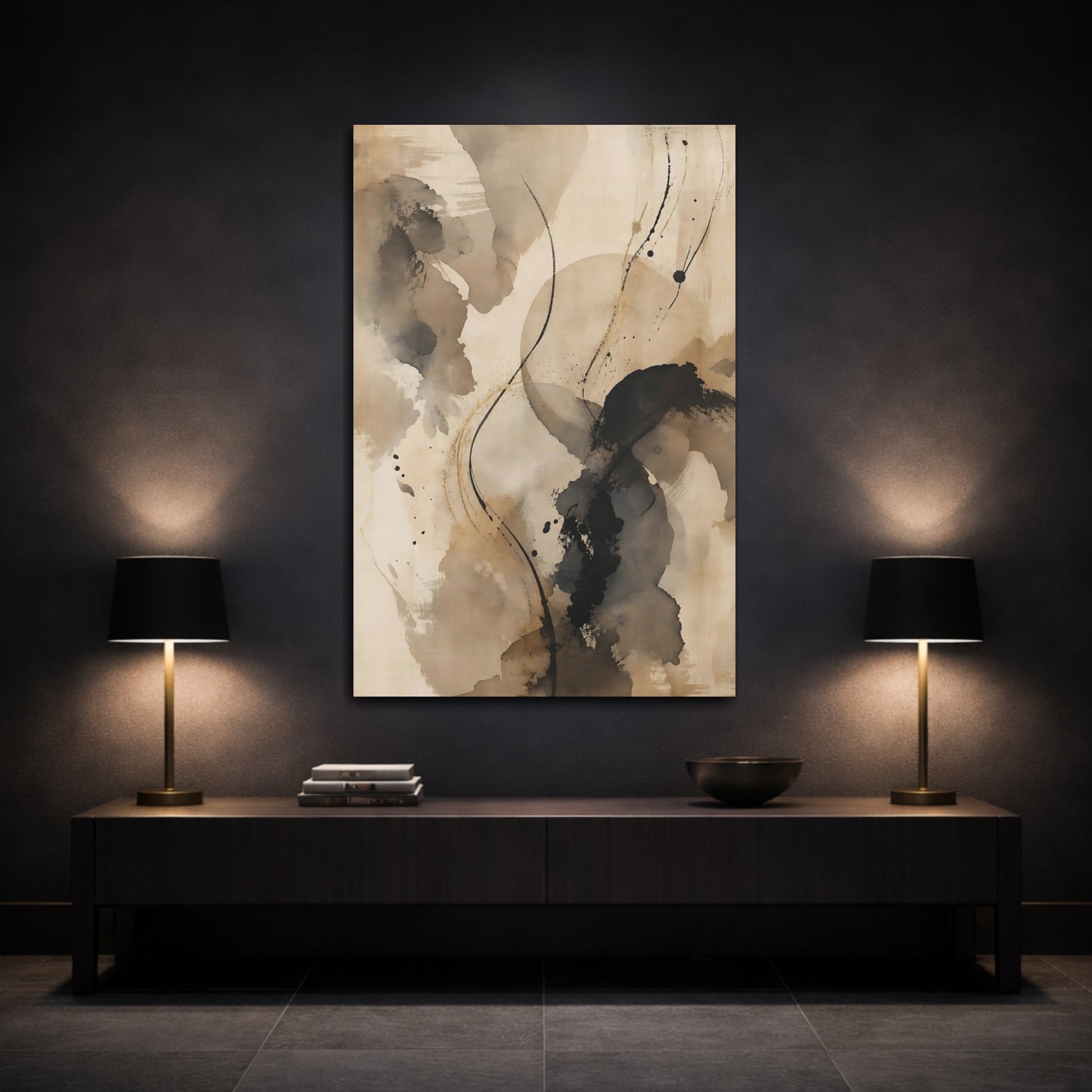 Mockup 3. Abstract Abstract Strokes Brown And Black shown as stretched canvas wall art