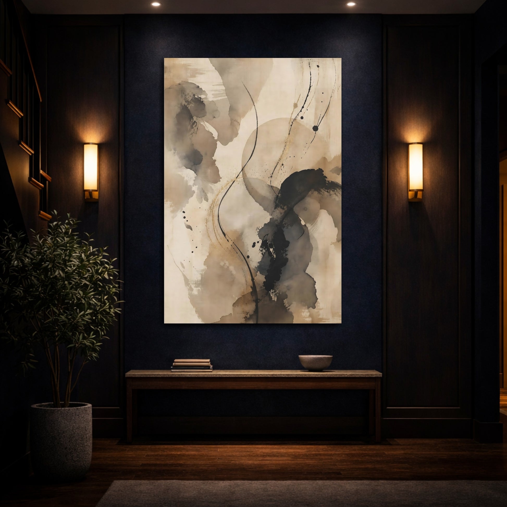 Mockup 4. Abstract Abstract Strokes Brown And Black shown as stretched canvas wall art