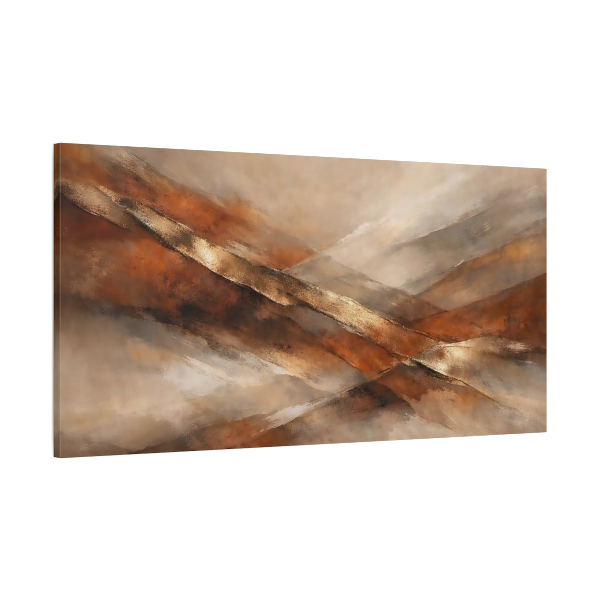 Main Mockup. Abstract Abstract Strokes Brown And Gold Abstract shown as stretched canvas wall art