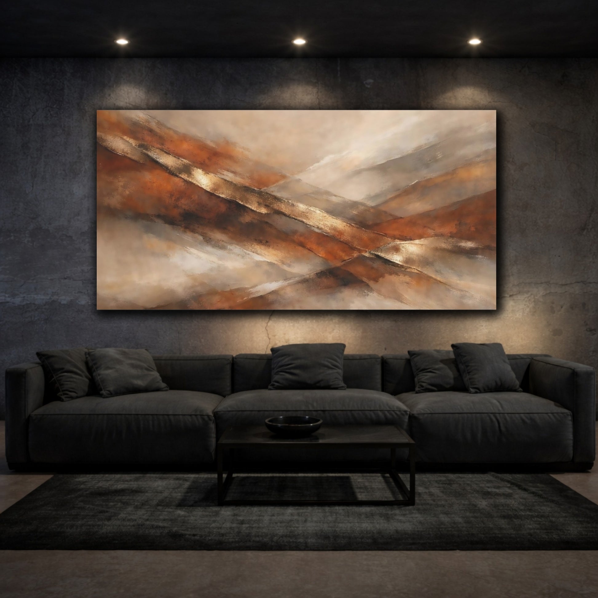 Mockup 2. Abstract Abstract Strokes Brown And Gold Abstract shown as stretched canvas wall art