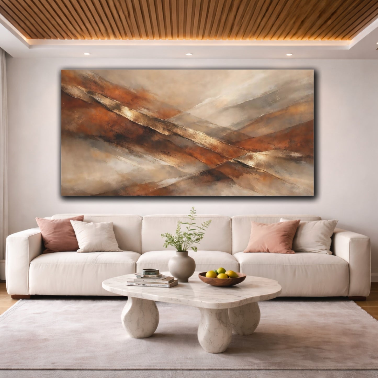 Mockup 3. Abstract Abstract Strokes Brown And Gold Abstract shown as stretched canvas wall art