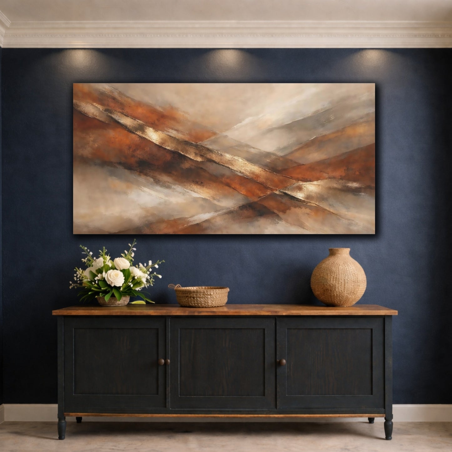 Mockup 4. Abstract Abstract Strokes Brown And Gold Abstract shown as stretched canvas wall art