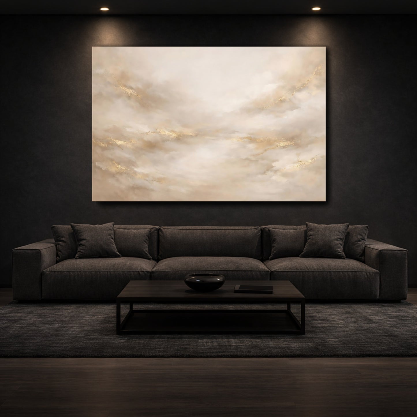 Mockup 2. Abstract Abstract Strokes Gold And Beige shown as stretched canvas wall art