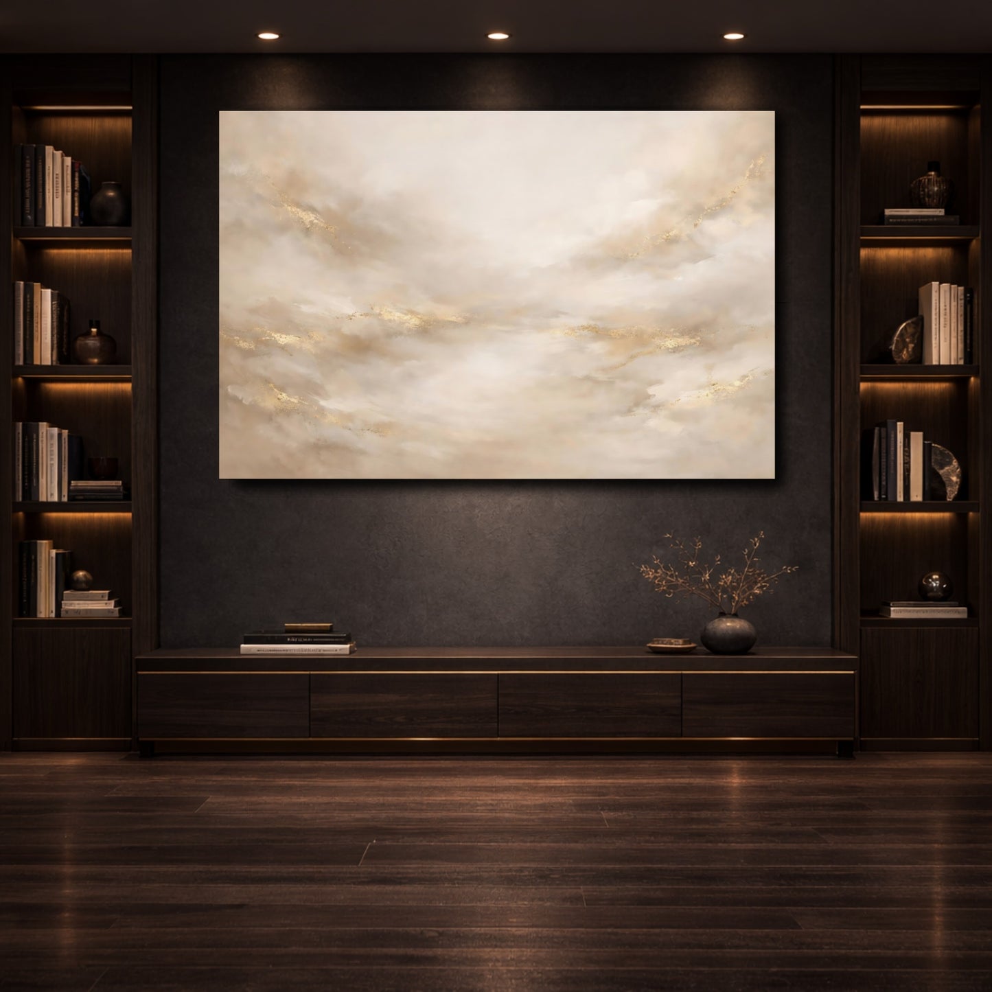 Mockup 3. Abstract Abstract Strokes Gold And Beige shown as stretched canvas wall art