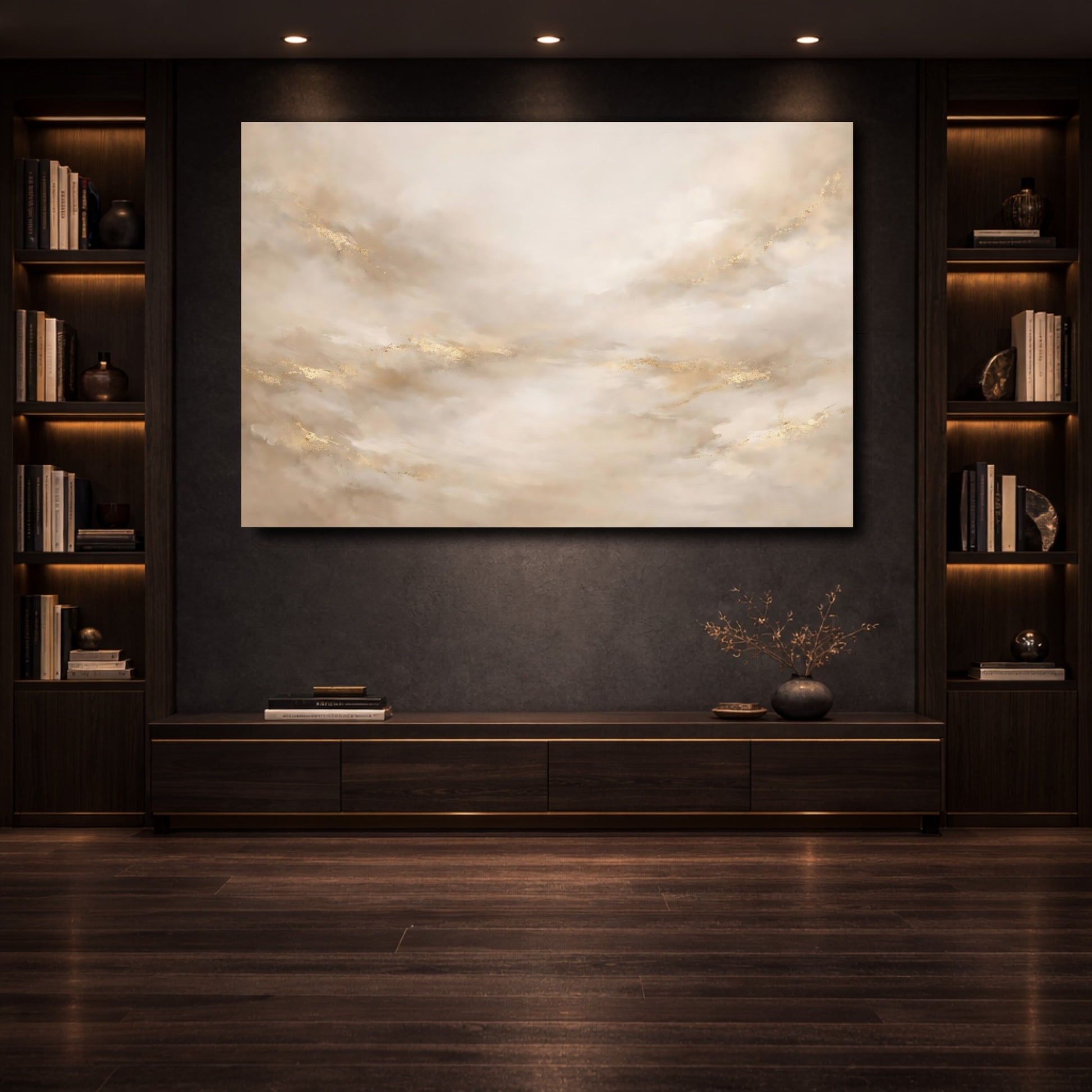 Mockup 3. Abstract Abstract Strokes Gold And Beige shown as stretched canvas wall art