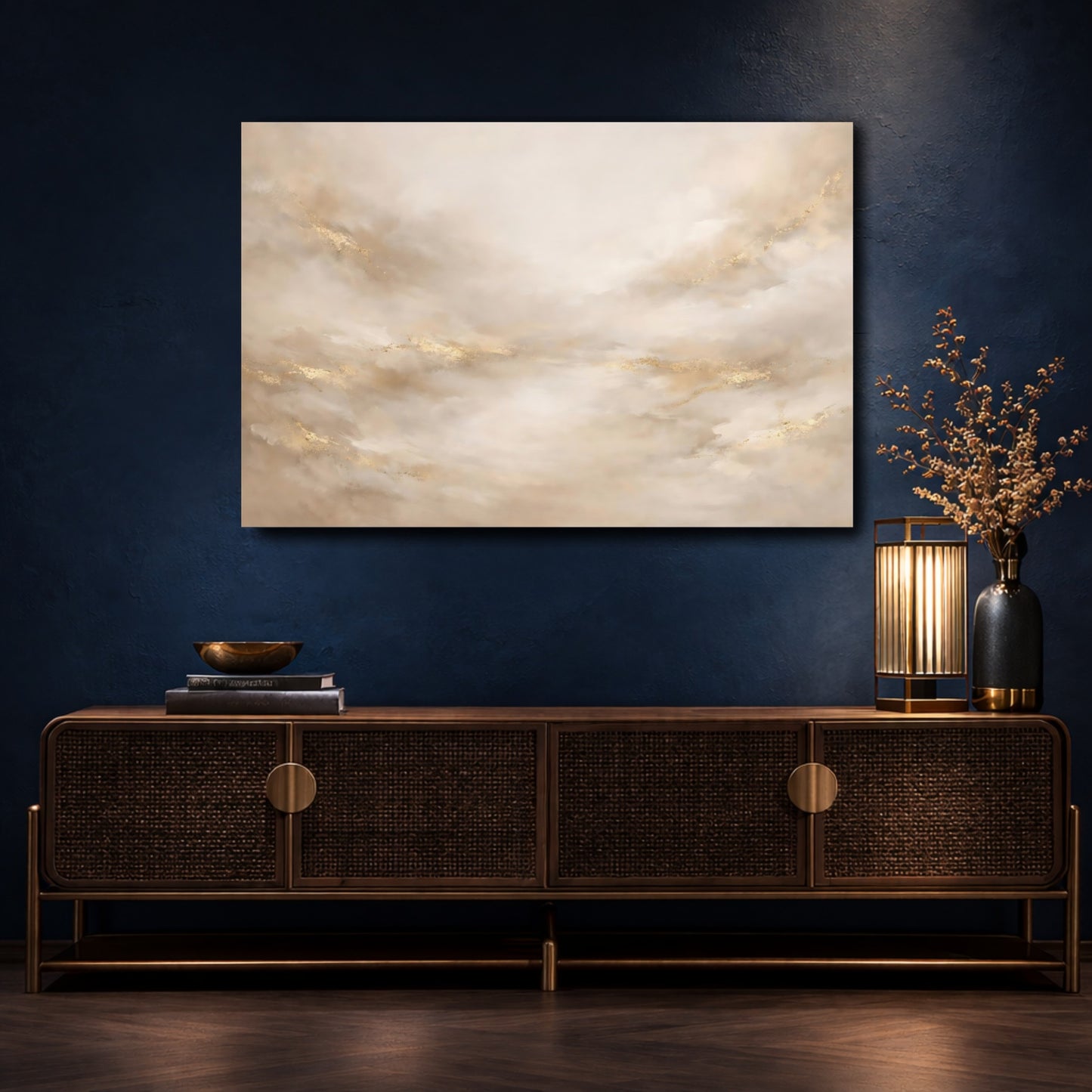 Mockup 4. Abstract Abstract Strokes Gold And Beige shown as stretched canvas wall art