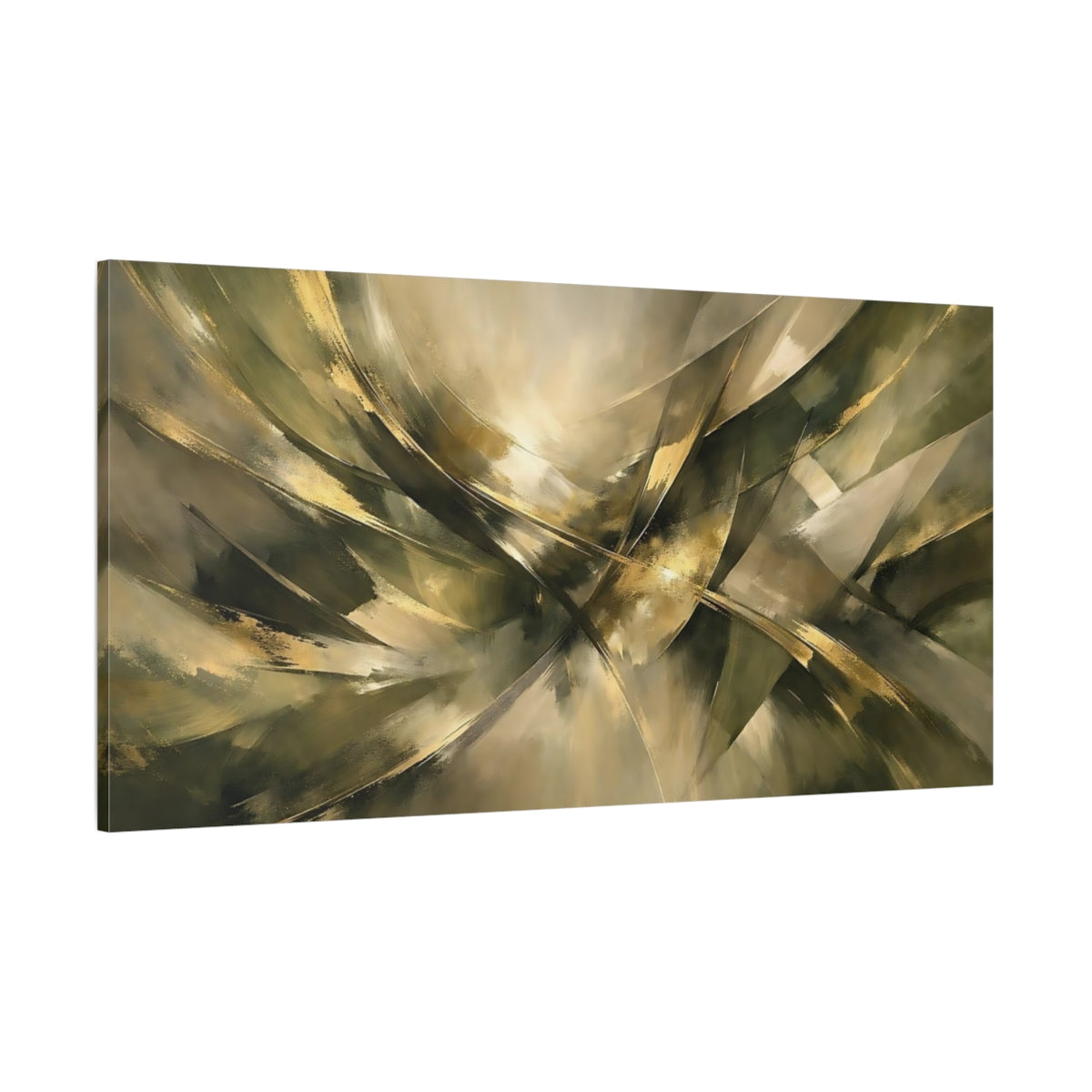Main Mockup. Abstract Abstract Strokes Gold And Green Abstract shown as stretched canvas wall art
