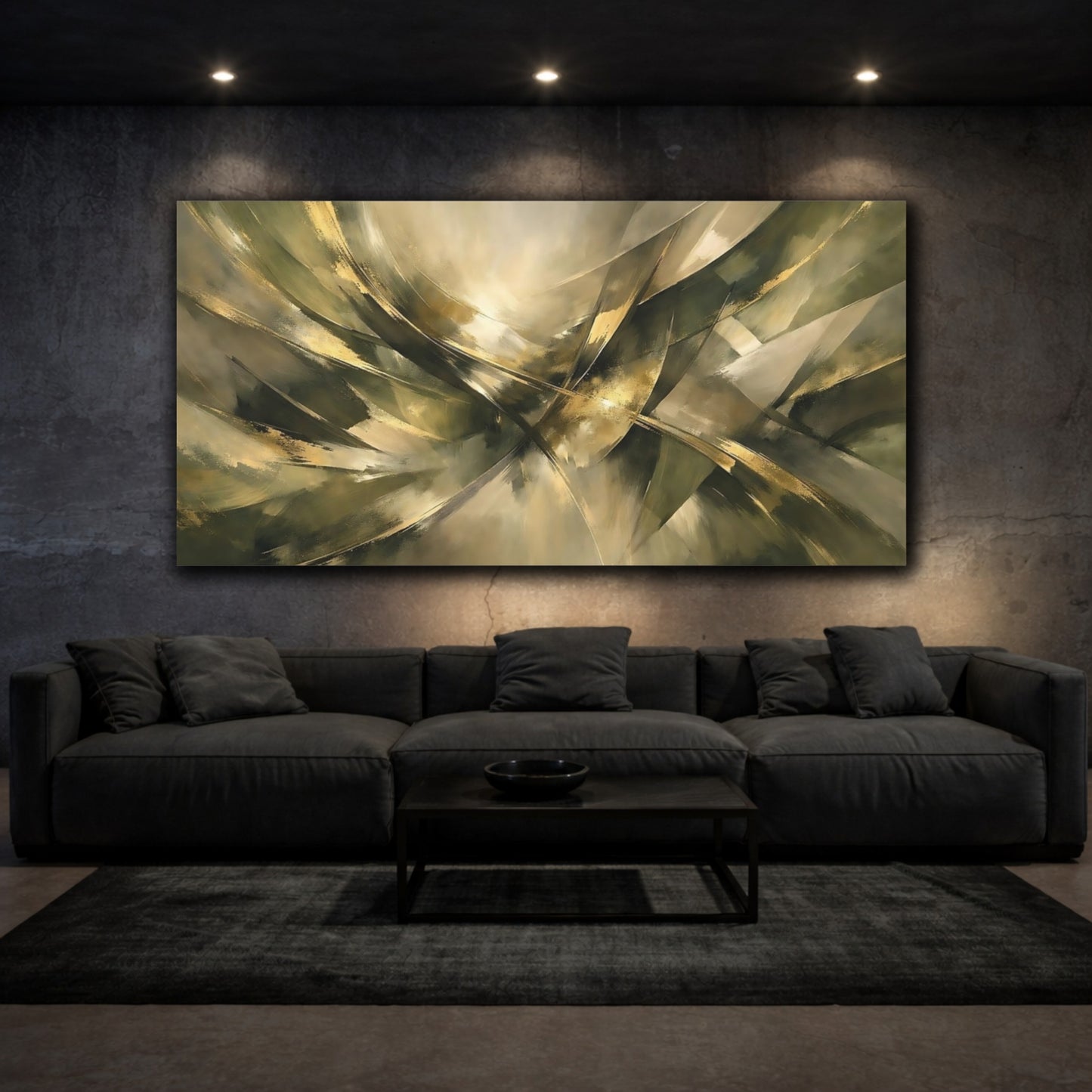 Mockup 2. Abstract Abstract Strokes Gold And Green Abstract shown as stretched canvas wall art