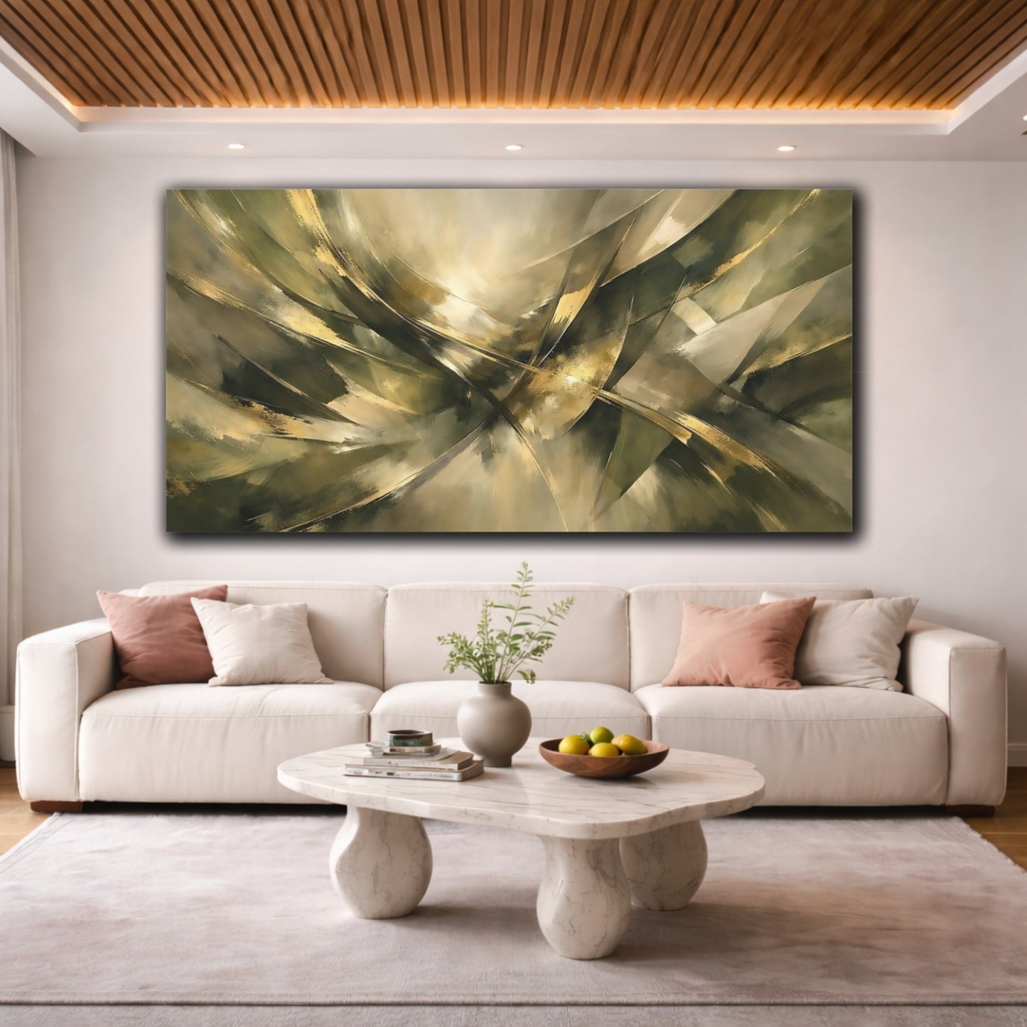 Mockup 3. Abstract Abstract Strokes Gold And Green Abstract shown as stretched canvas wall art