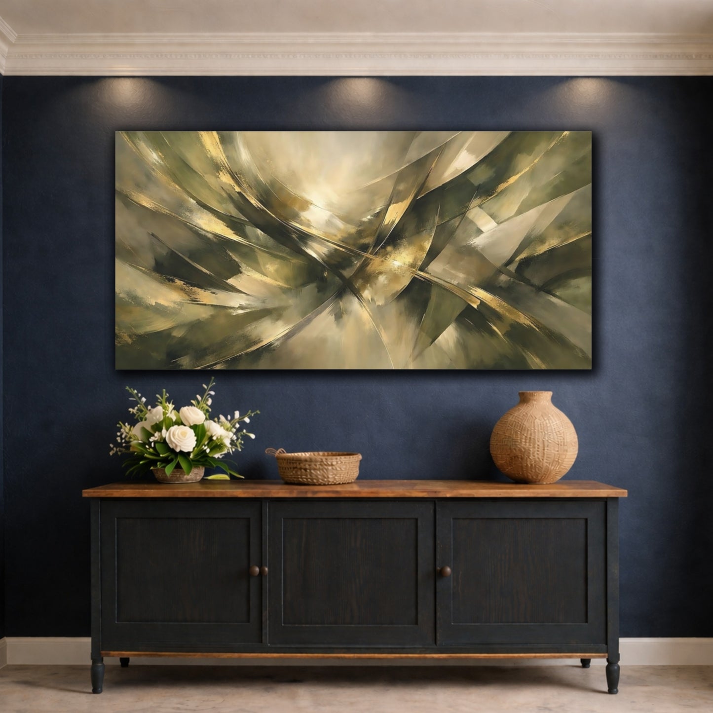 Mockup 4. Abstract Abstract Strokes Gold And Green Abstract shown as stretched canvas wall art