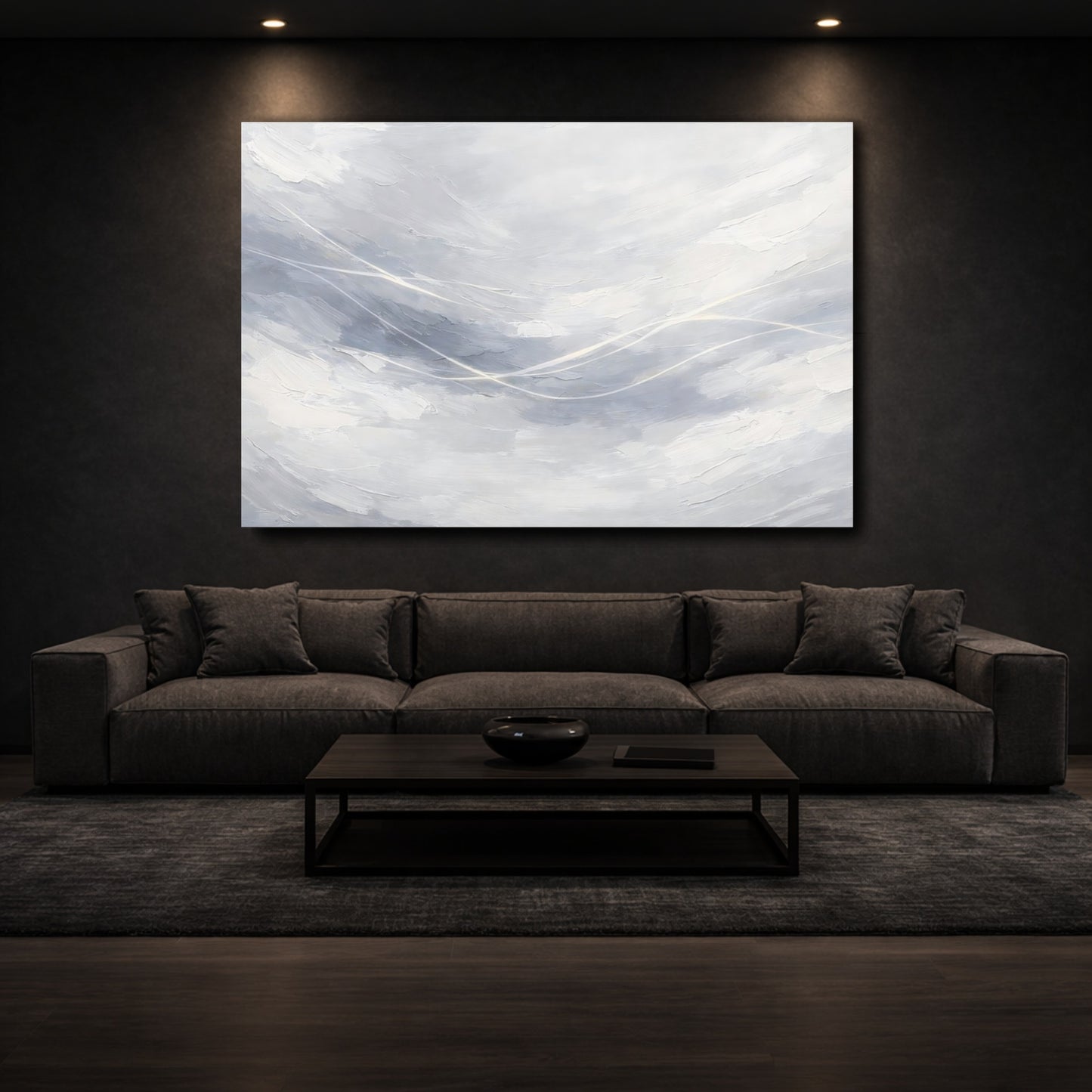 Mockup 2. Abstract Abstract Strokes Gray And White shown as stretched canvas wall art
