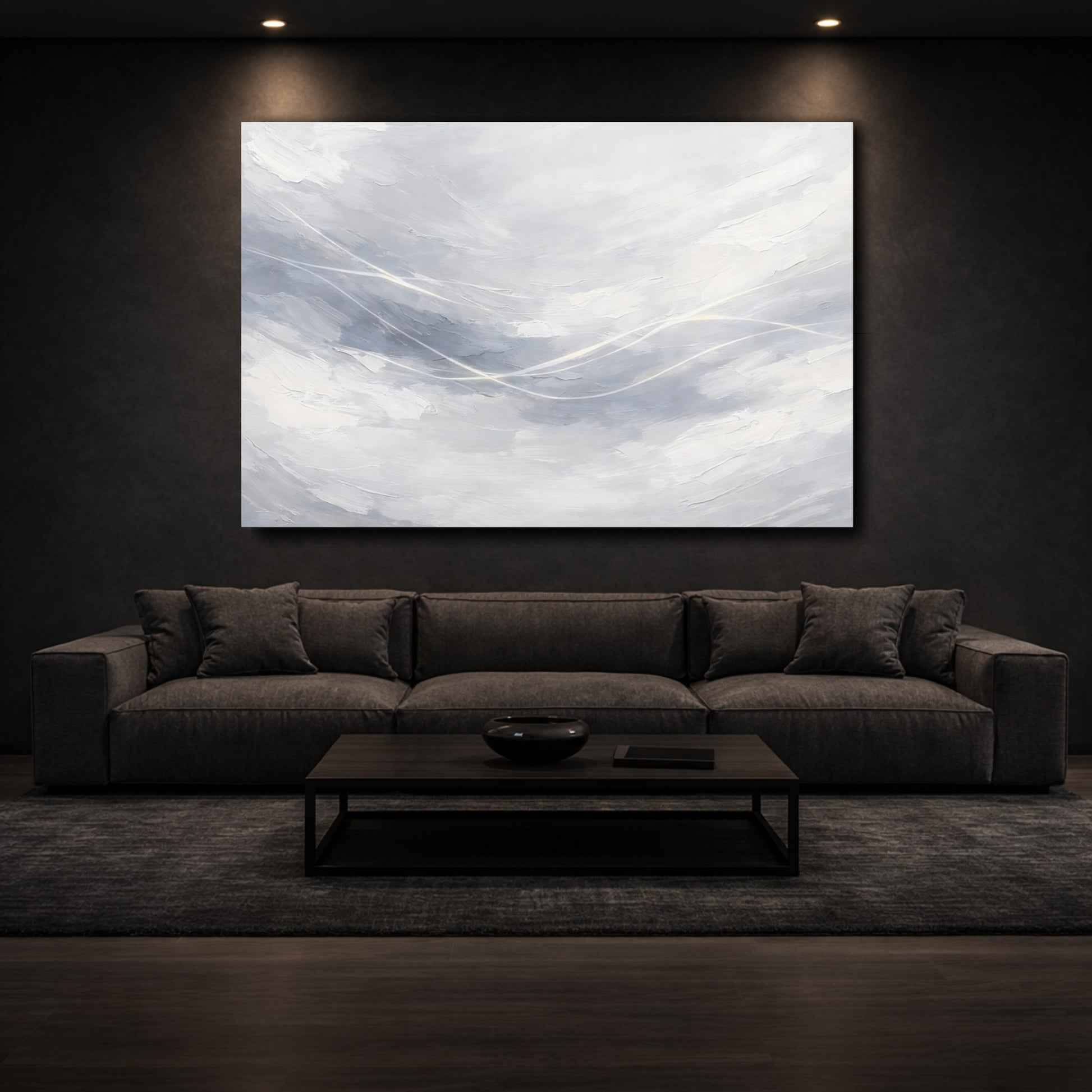 Mockup 2. Abstract Abstract Strokes Gray And White shown as stretched canvas wall art