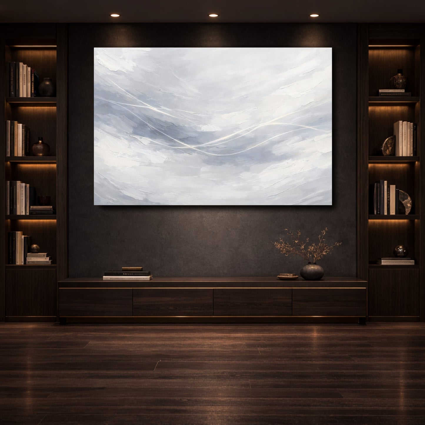 Mockup 3. Abstract Abstract Strokes Gray And White shown as stretched canvas wall art