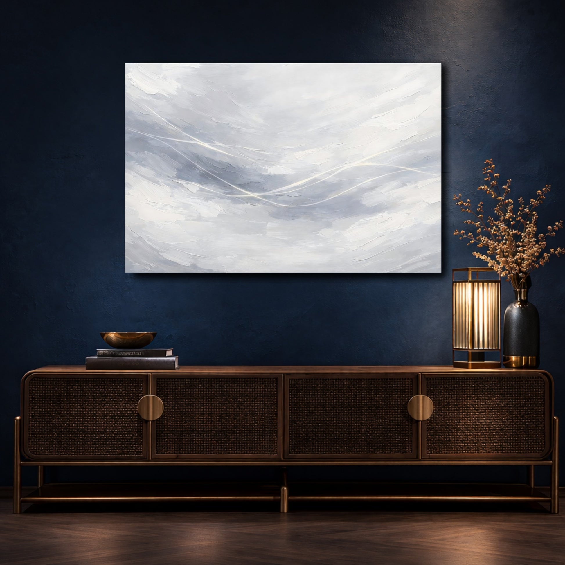 Mockup 4. Abstract Abstract Strokes Gray And White shown as stretched canvas wall art