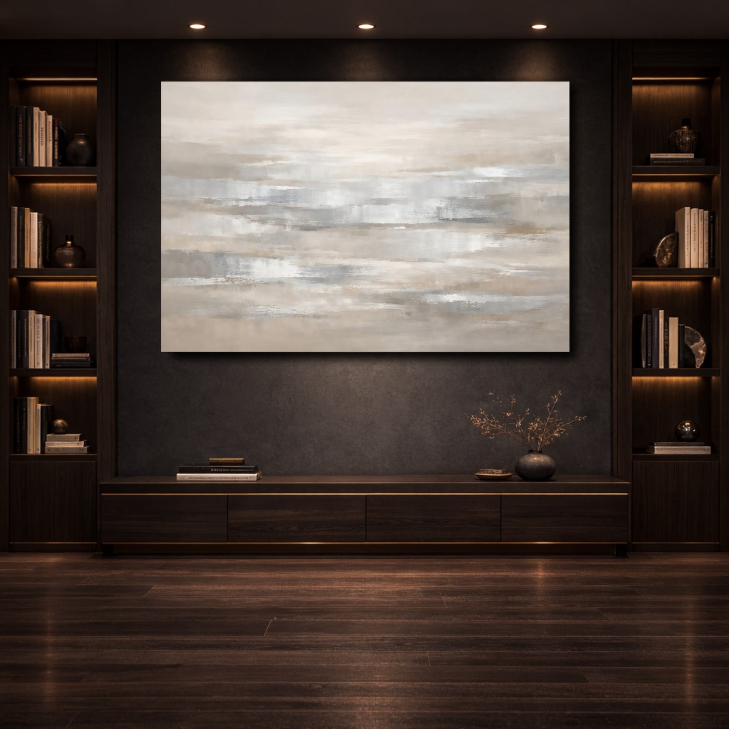Mockup 3. Abstract Abstract Strokes Neutral Abstract shown as stretched canvas wall art