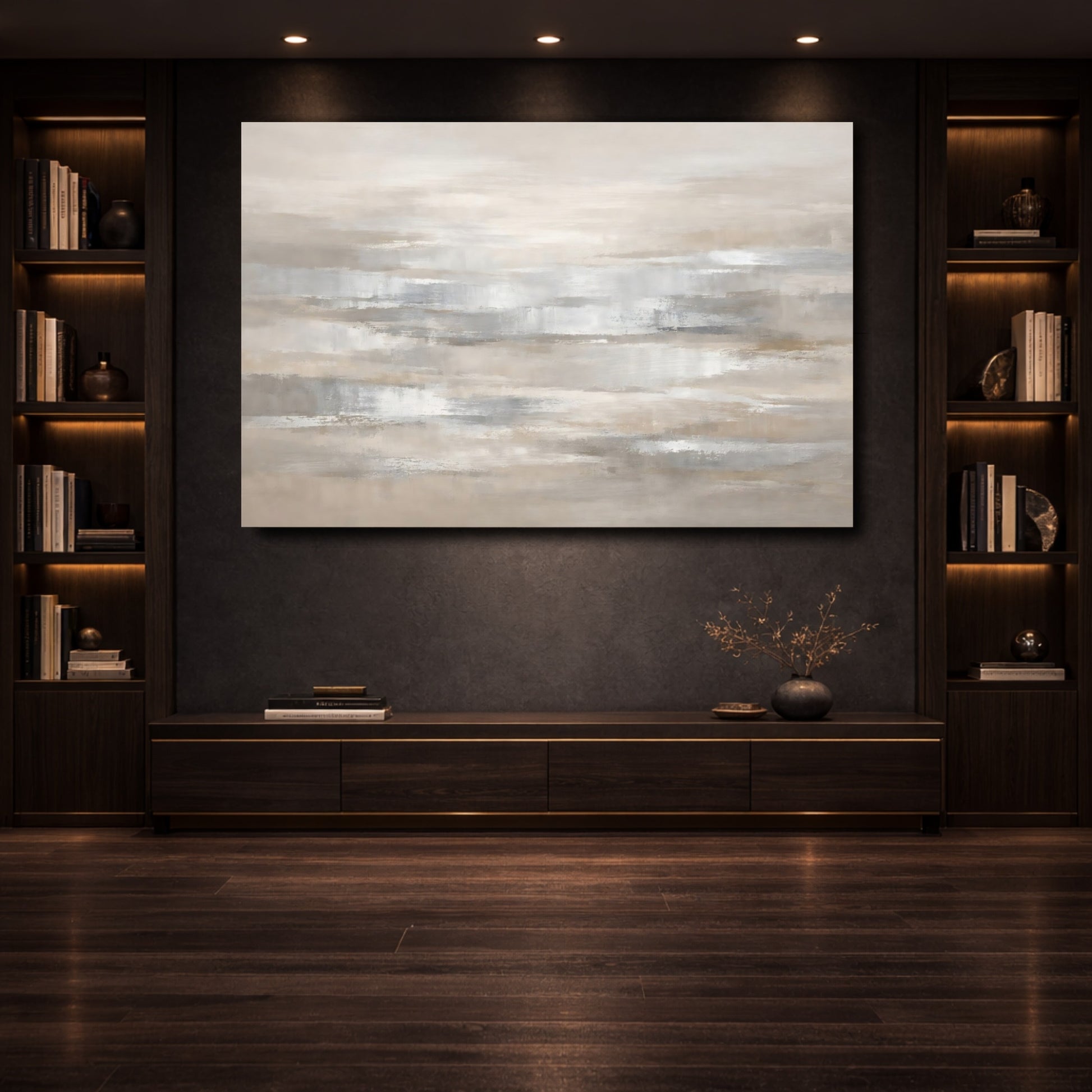 Mockup 3. Abstract Abstract Strokes Neutral Abstract shown as stretched canvas wall art
