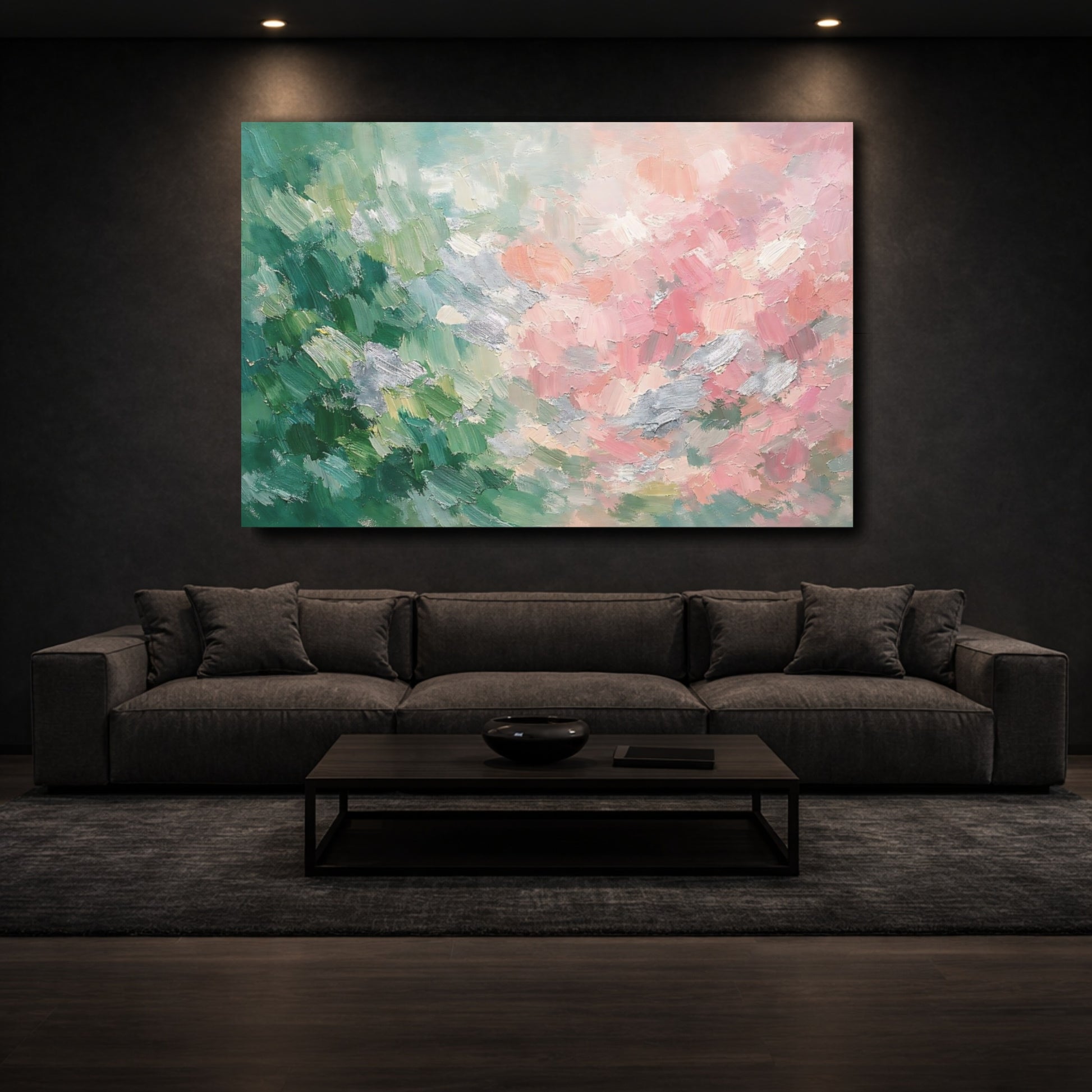 Mockup 2. Abstract Abstract Strokes Pastel Green Pink shown as stretched canvas wall art
