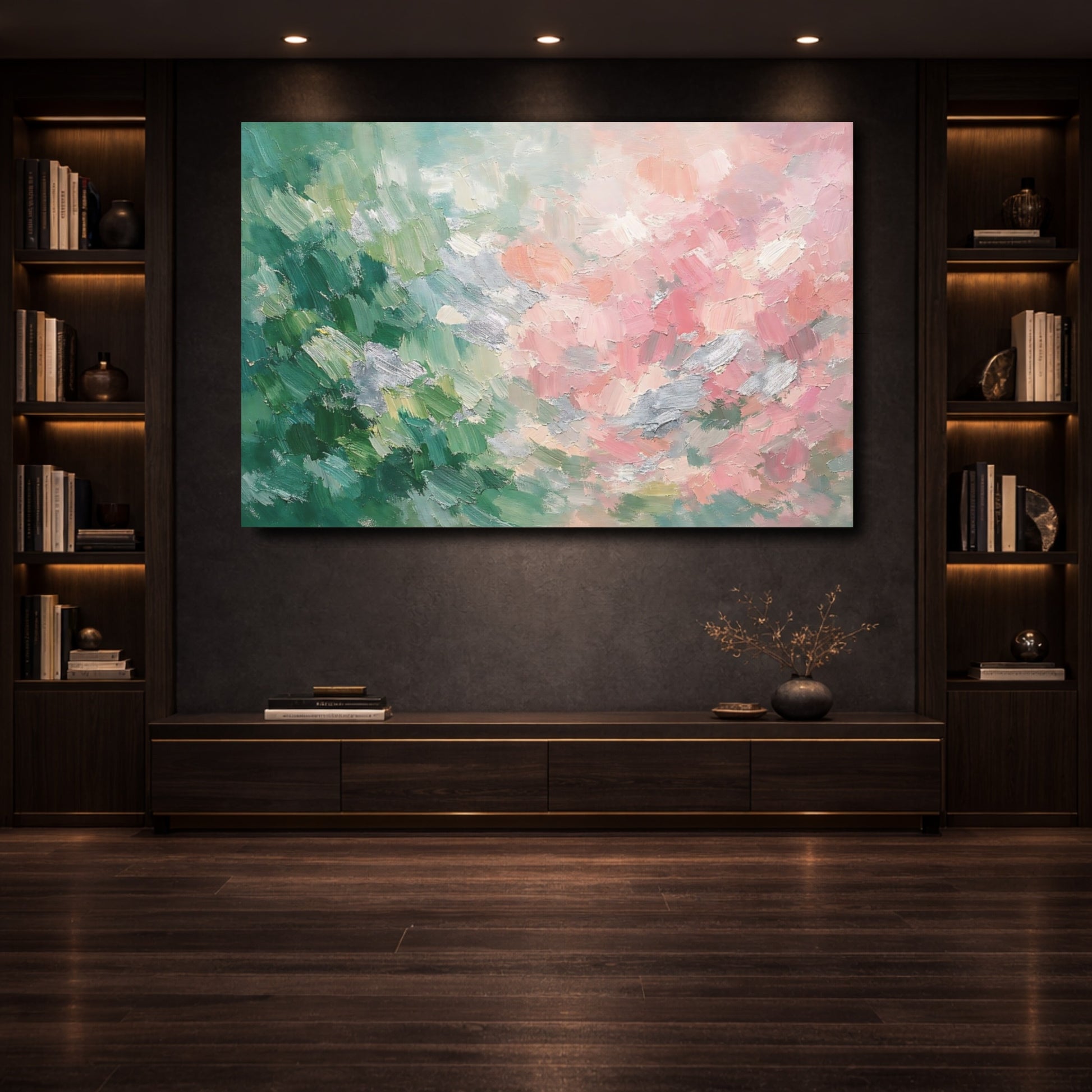 Mockup 3. Abstract Abstract Strokes Pastel Green Pink shown as stretched canvas wall art
