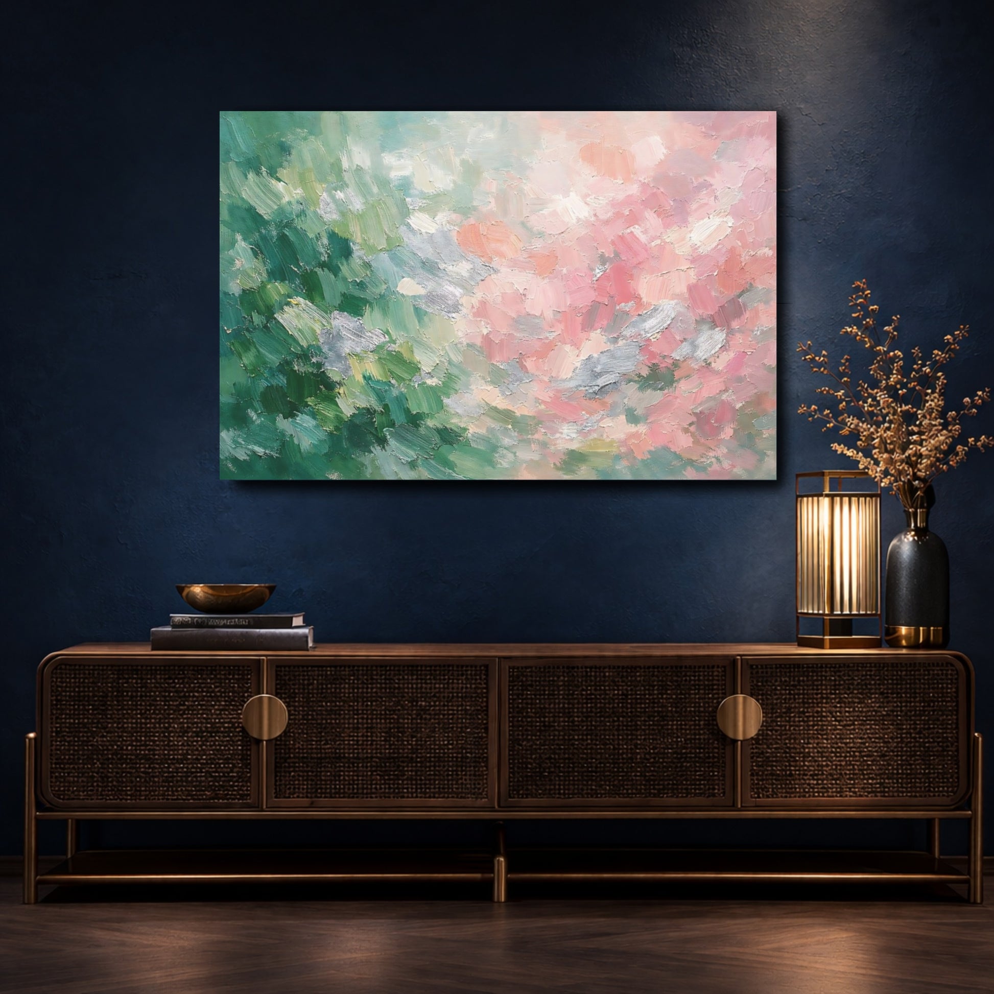 Mockup 4. Abstract Abstract Strokes Pastel Green Pink shown as stretched canvas wall art