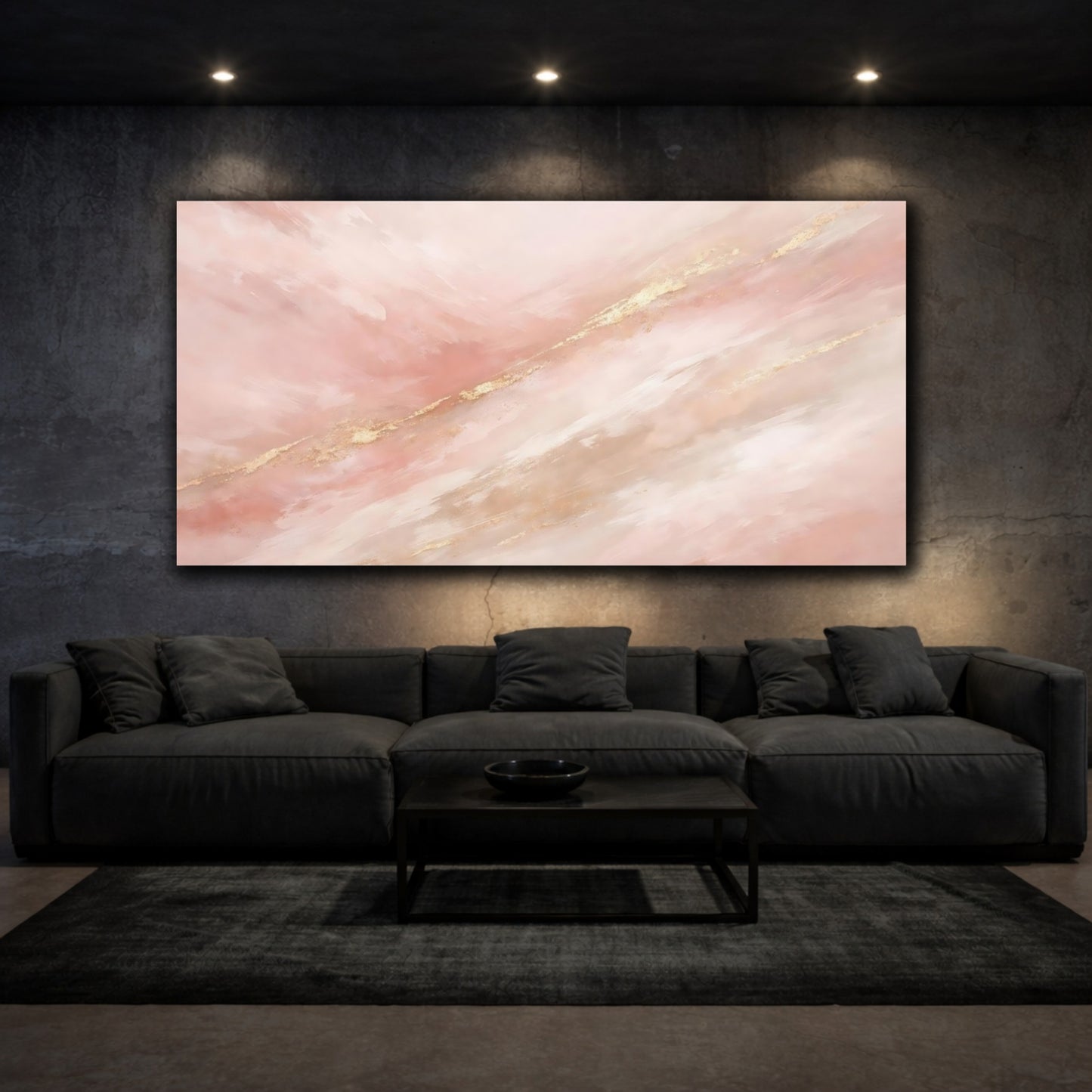 Mockup 2. Abstract Abstract Strokes Pink Gold Abstract shown as stretched canvas wall art