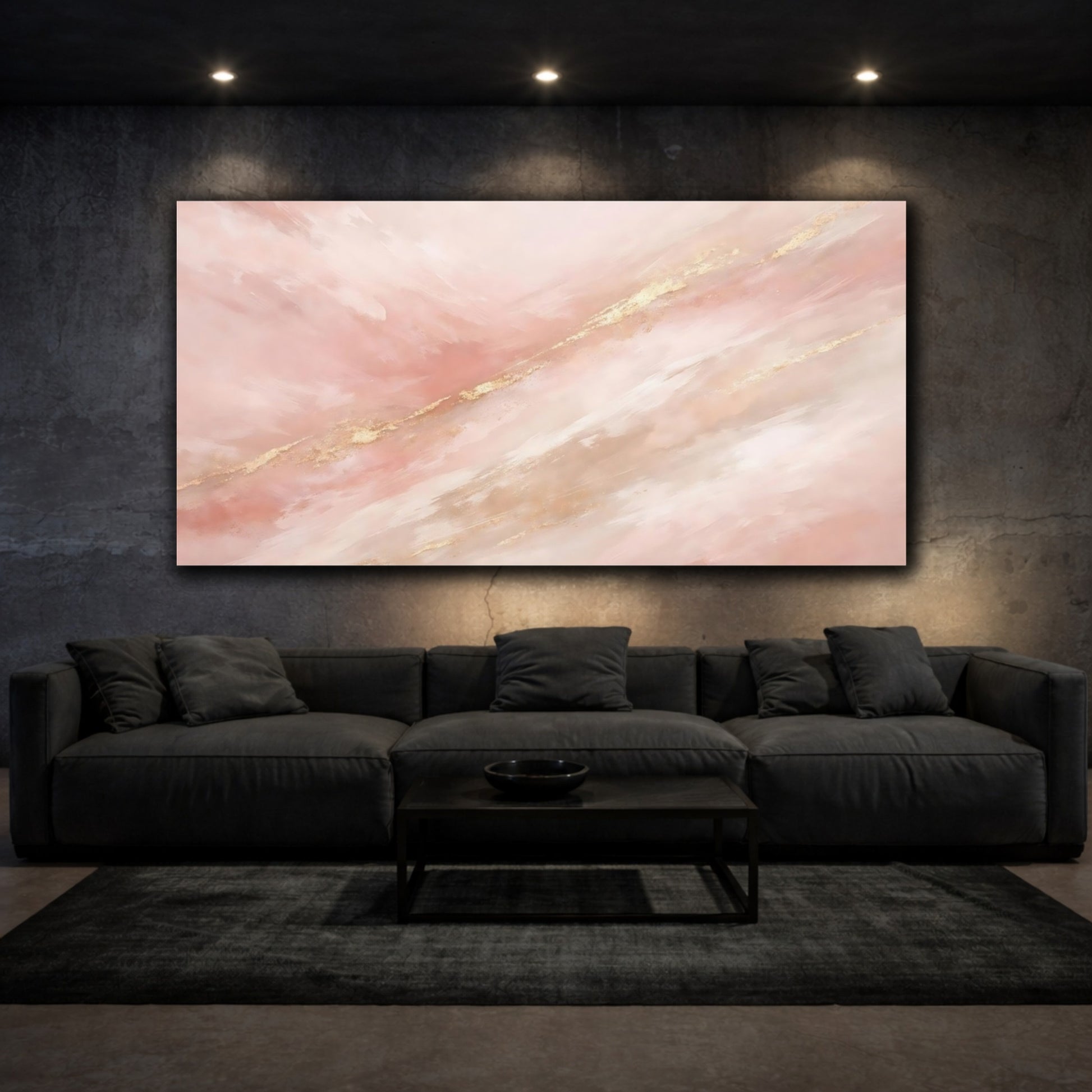 Mockup 2. Abstract Abstract Strokes Pink Gold Abstract shown as stretched canvas wall art