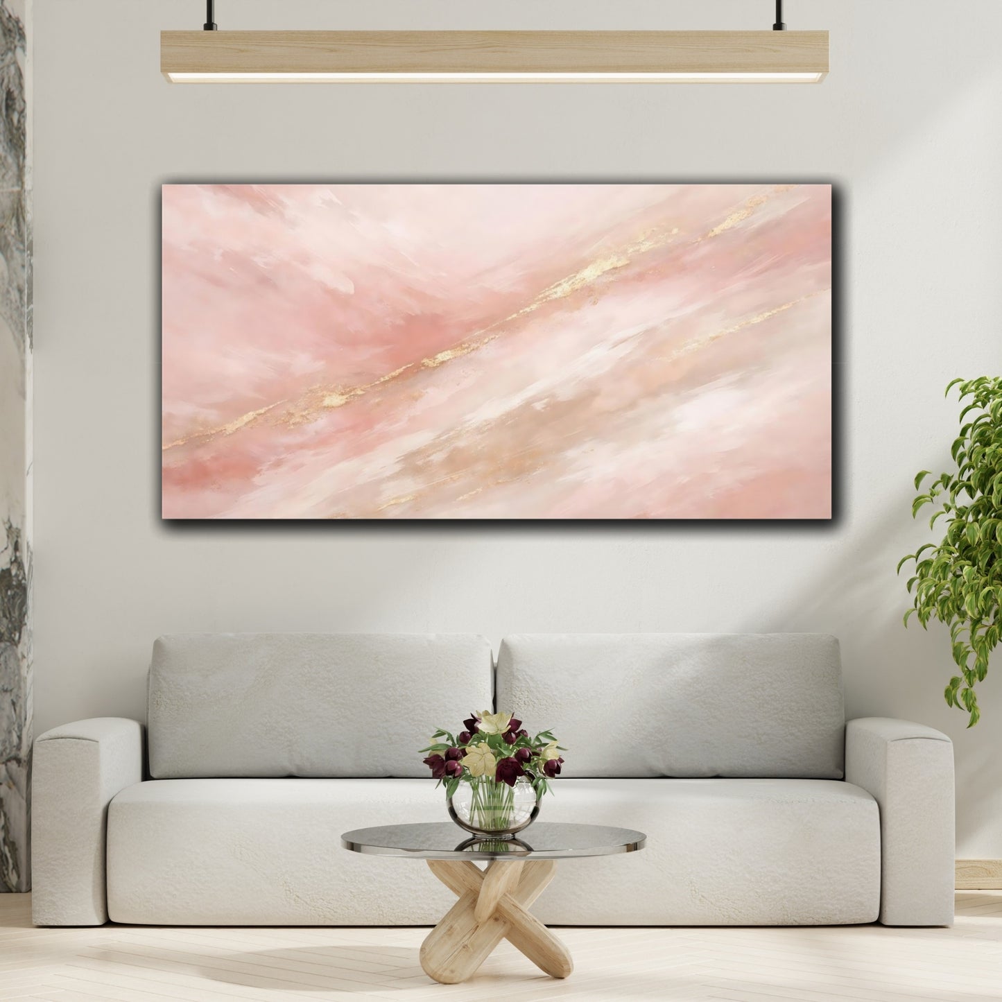 Mockup 3. Abstract Abstract Strokes Pink Gold Abstract shown as stretched canvas wall art