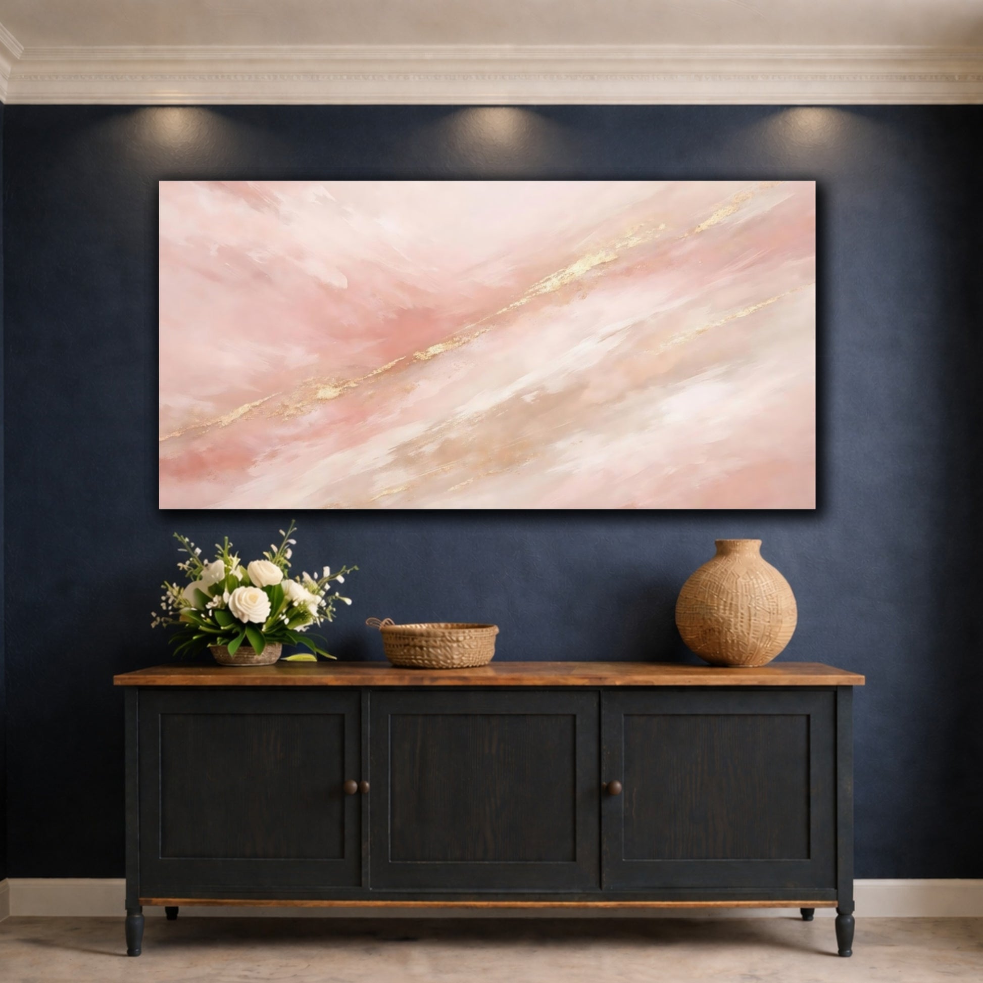 Mockup 4. Abstract Abstract Strokes Pink Gold Abstract shown as stretched canvas wall art