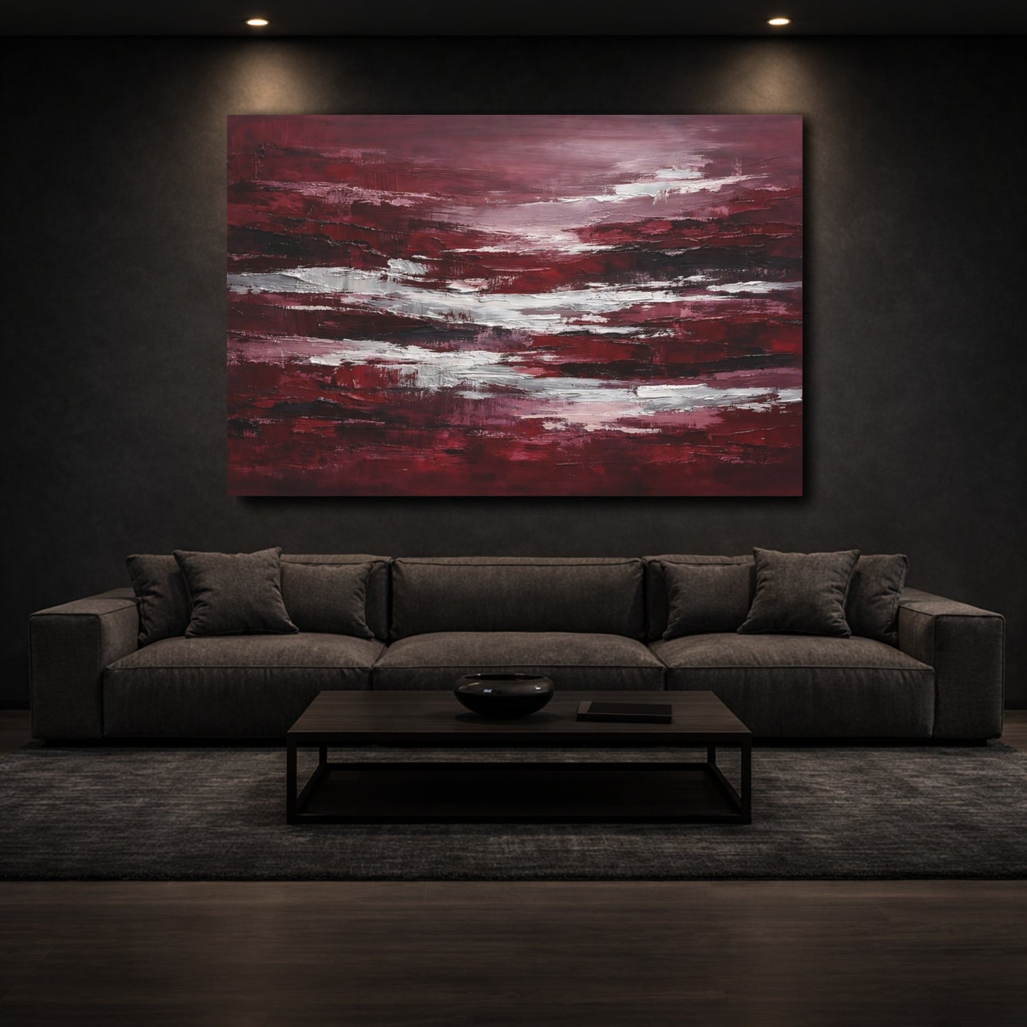 Mockup 2. Abstract Abstract Strokes Red And White Abstract shown as stretched canvas wall art