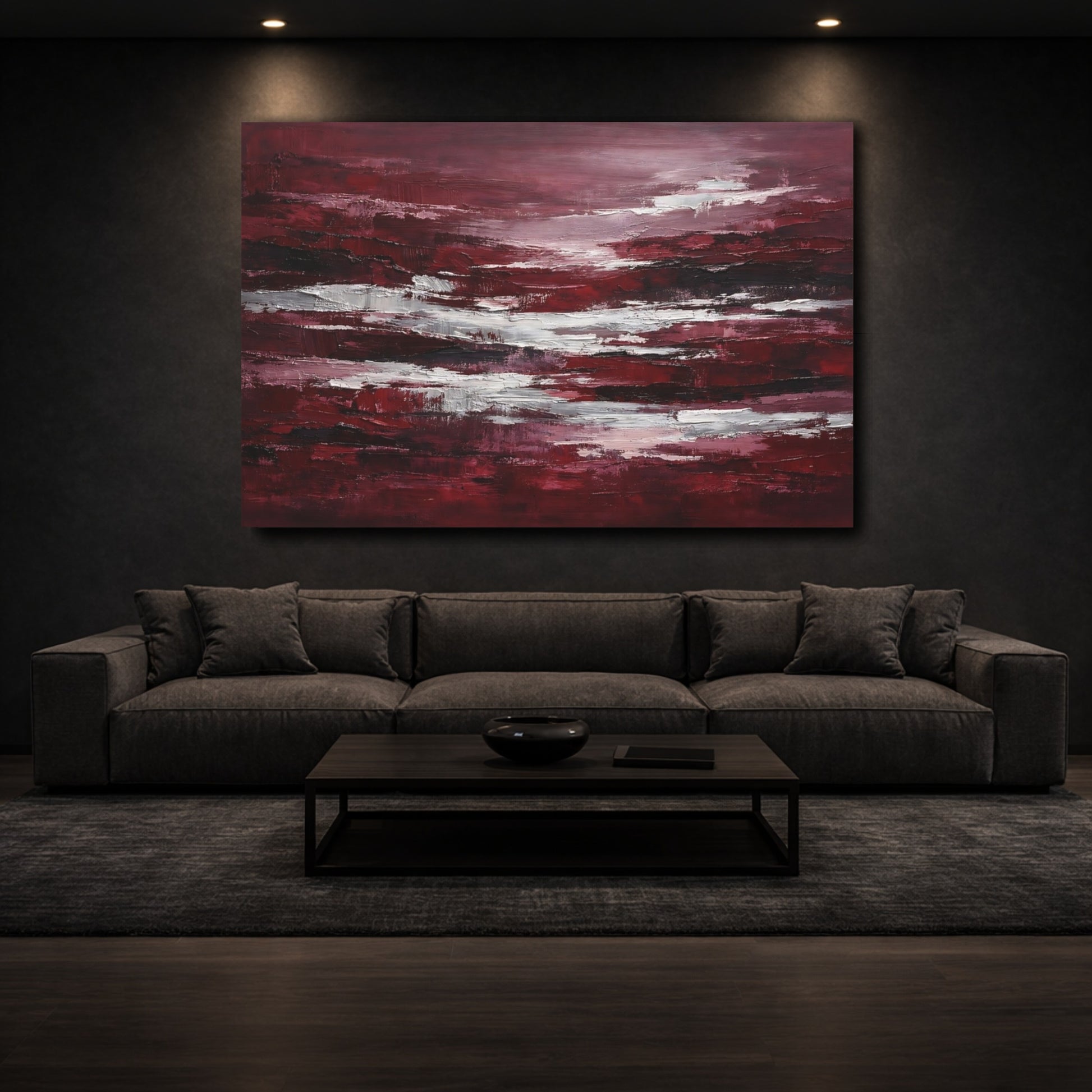 Mockup 2. Abstract Abstract Strokes Red And White Abstract shown as stretched canvas wall art