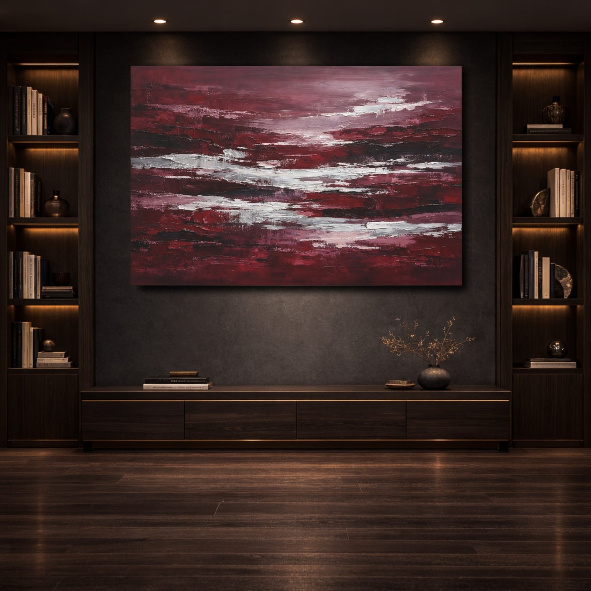 Mockup 3. Abstract Abstract Strokes Red And White Abstract shown as stretched canvas wall art
