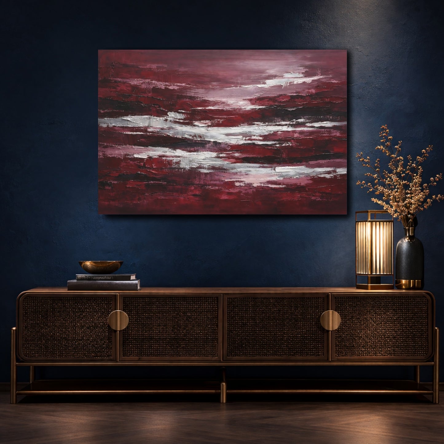 Mockup 4. Abstract Abstract Strokes Red And White Abstract shown as stretched canvas wall art