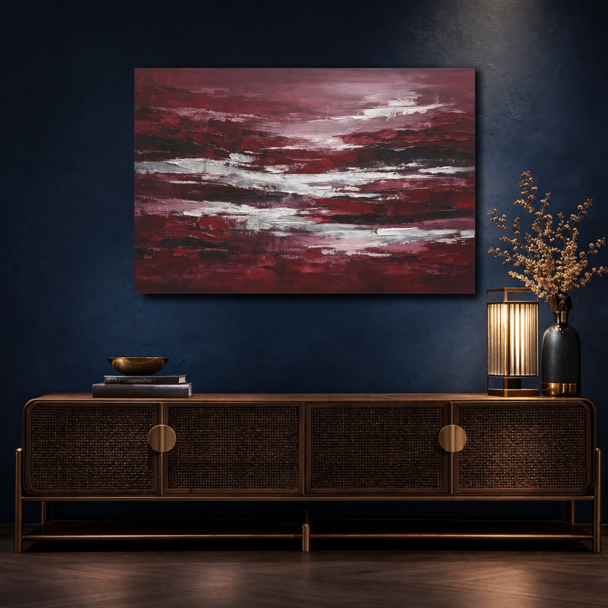 Mockup 4. Abstract Abstract Strokes Red And White Abstract shown as stretched canvas wall art