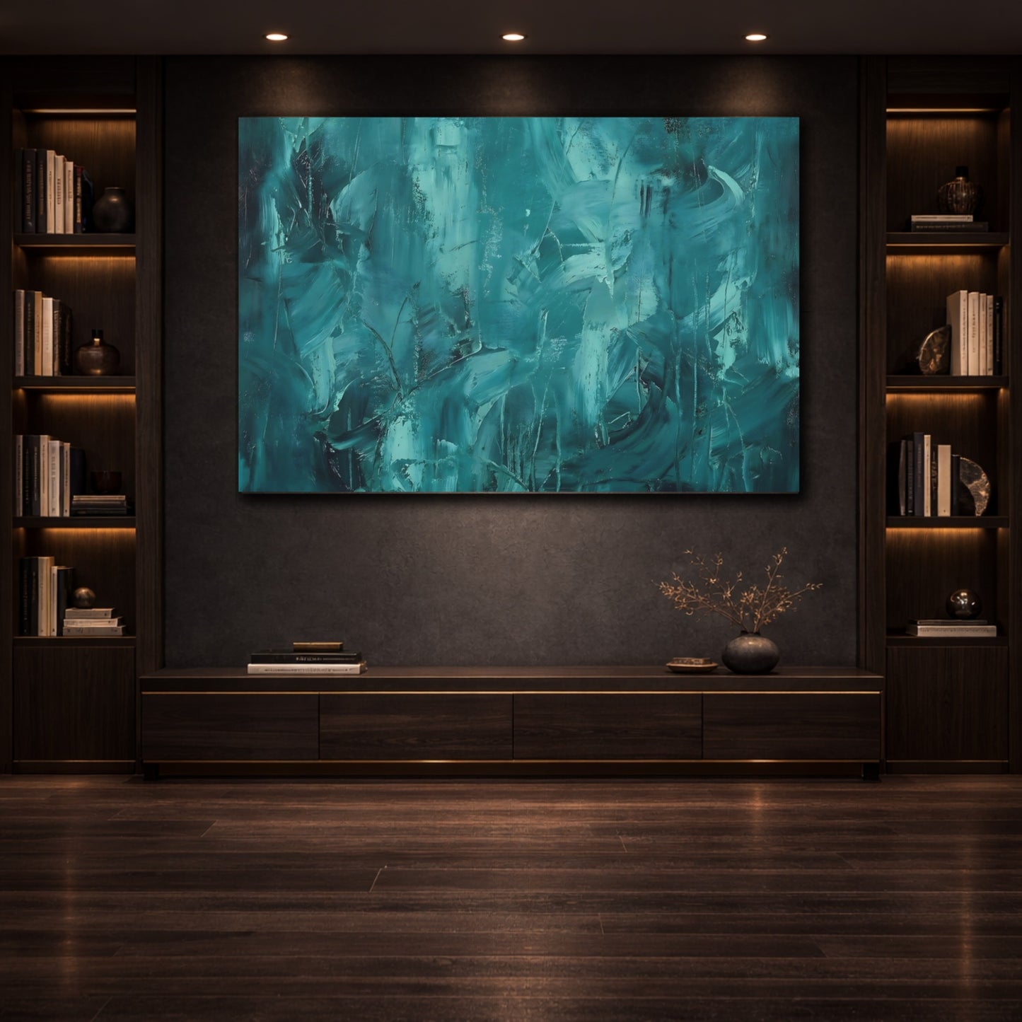 Abstract Abstract Strokes Teal Abstract shown as front canvas room wall art