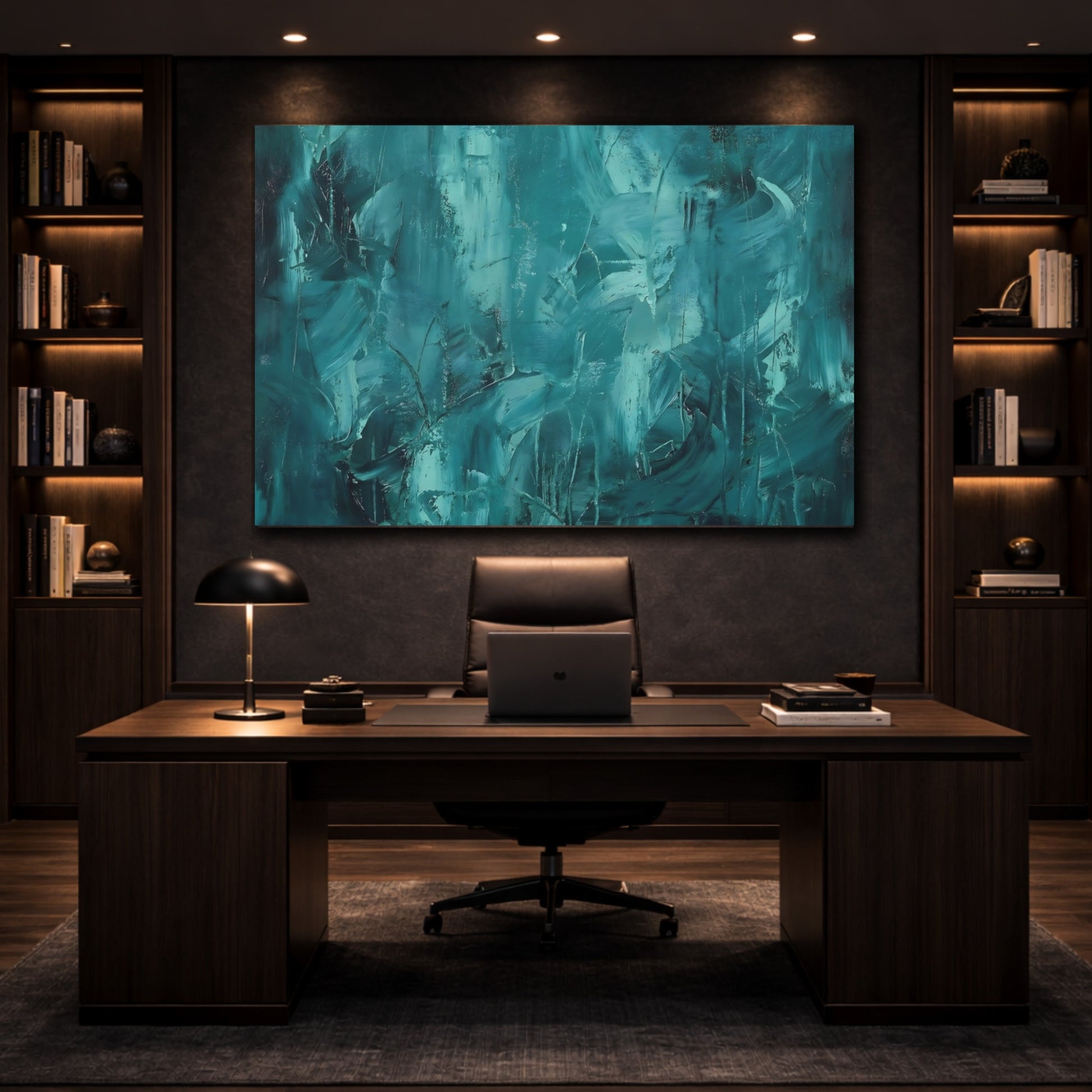 Abstract Abstract Strokes Teal Abstract shown as front canvas room wall art
