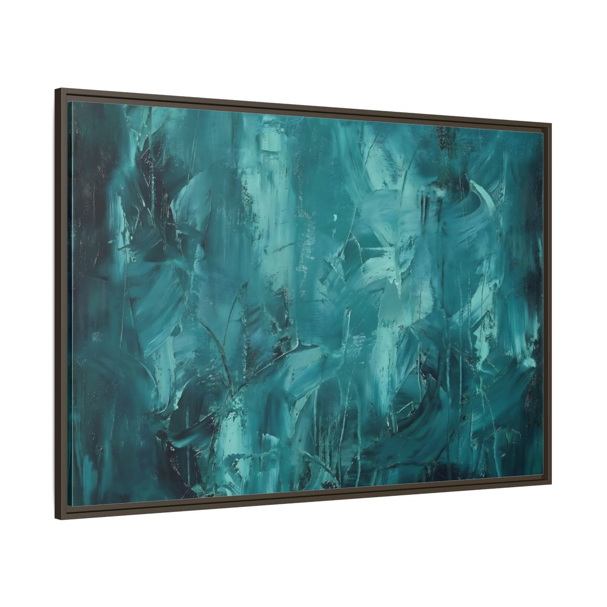 Main Mockup. Abstract Abstract Strokes Teal And Aqua shown as stretched canvas wall art