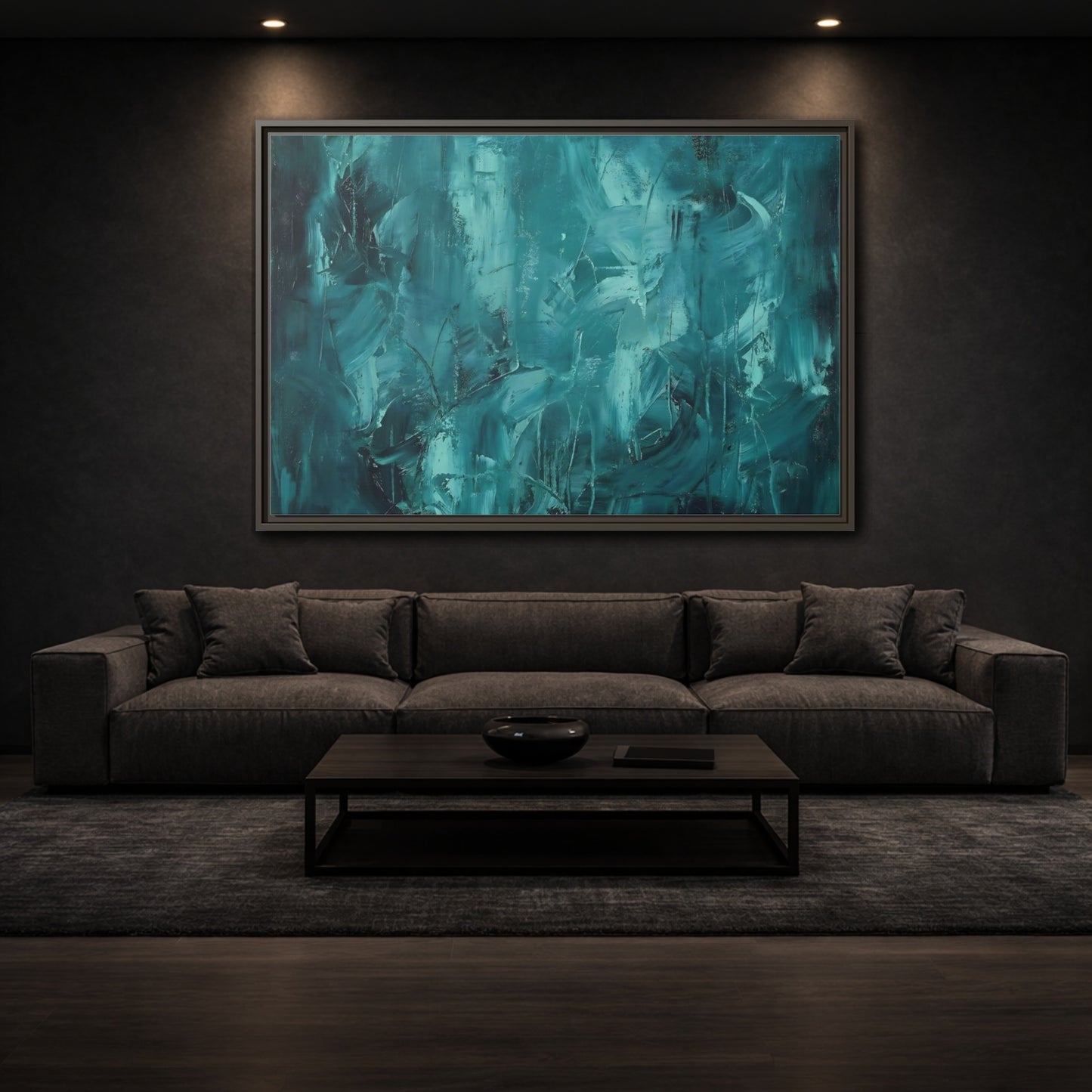 Mockup 2. Abstract Abstract Strokes Teal And Aqua shown as stretched canvas wall art