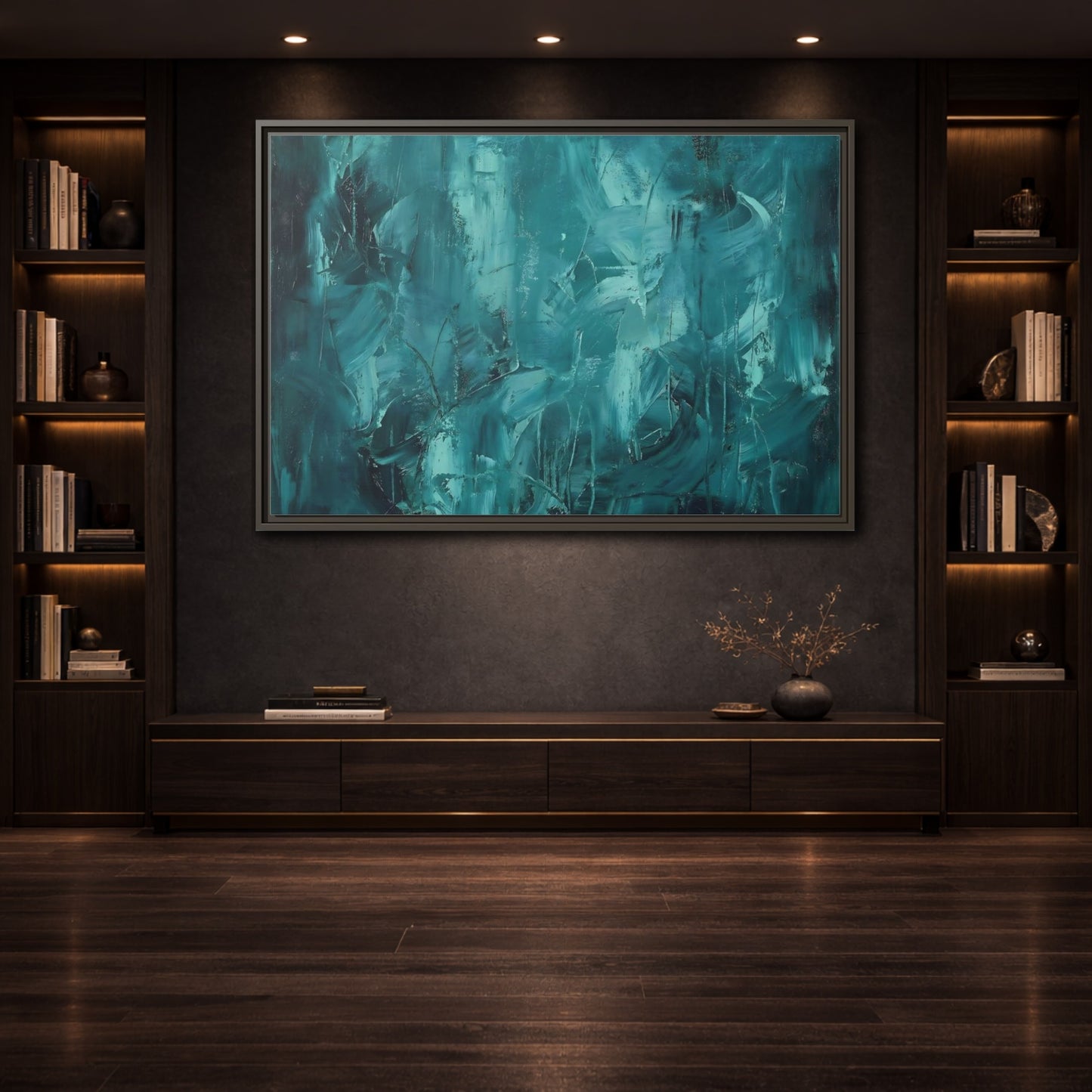 Mockup 3. Abstract Abstract Strokes Teal And Aqua shown as stretched canvas wall art