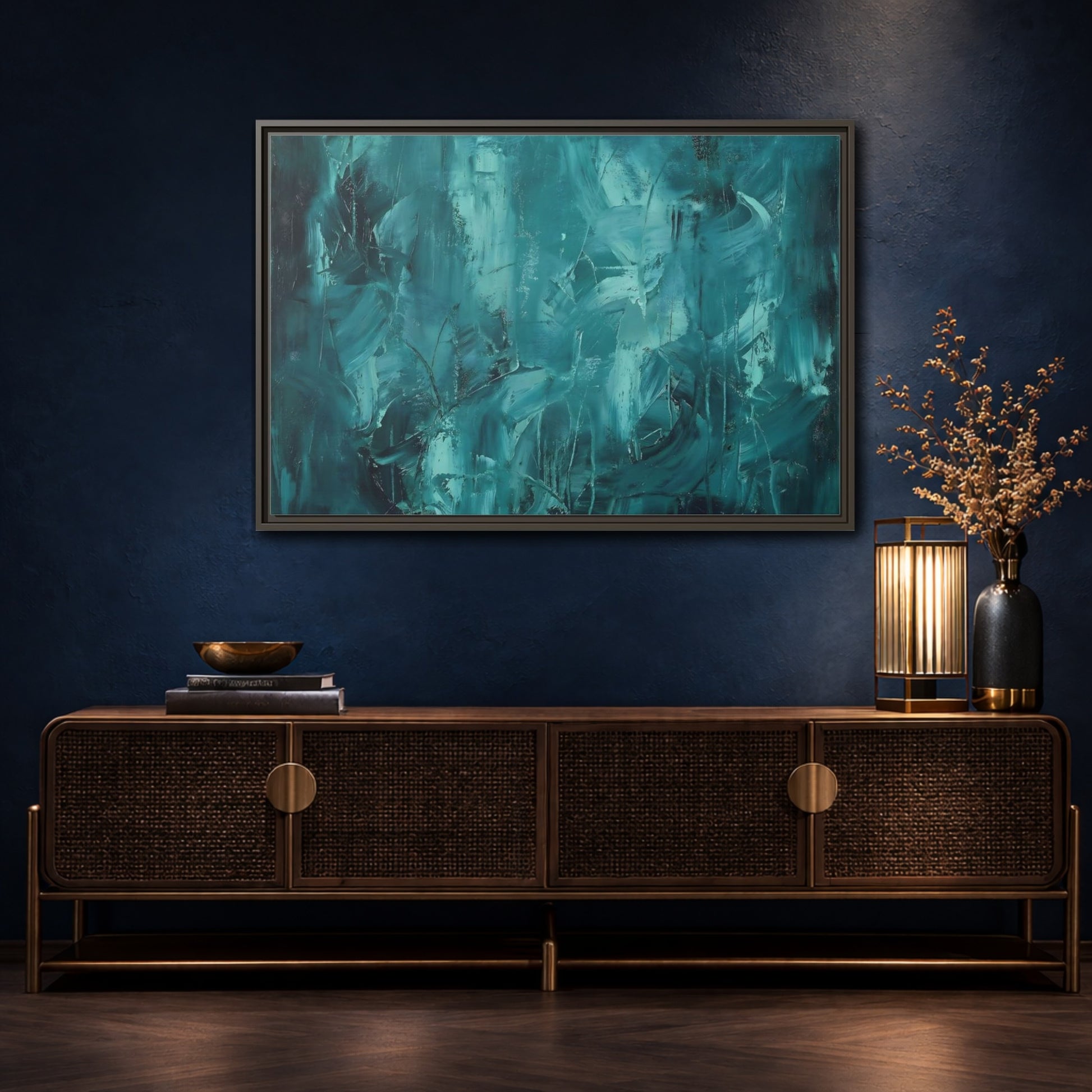 Mockup 4. Abstract Abstract Strokes Teal And Aqua shown as stretched canvas wall art