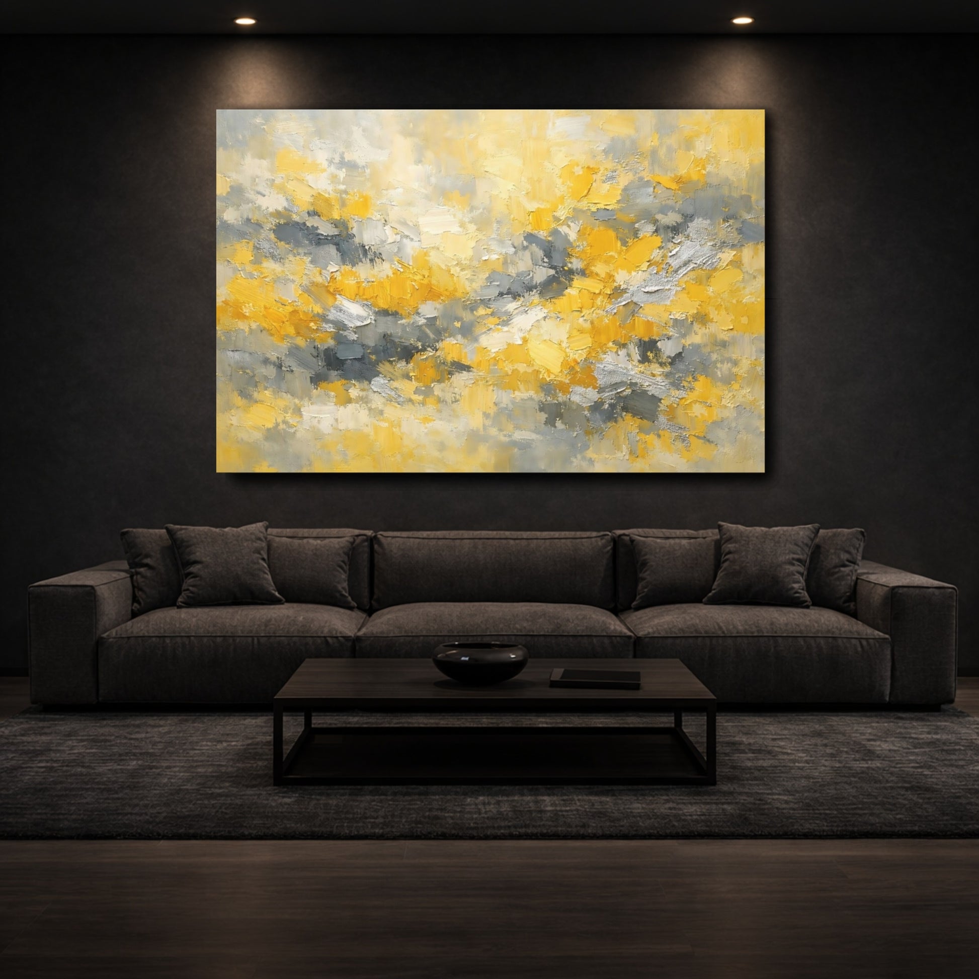 Mockup 2. Abstract Abstract Strokes Yellow Gray Abstract shown as stretched canvas wall art