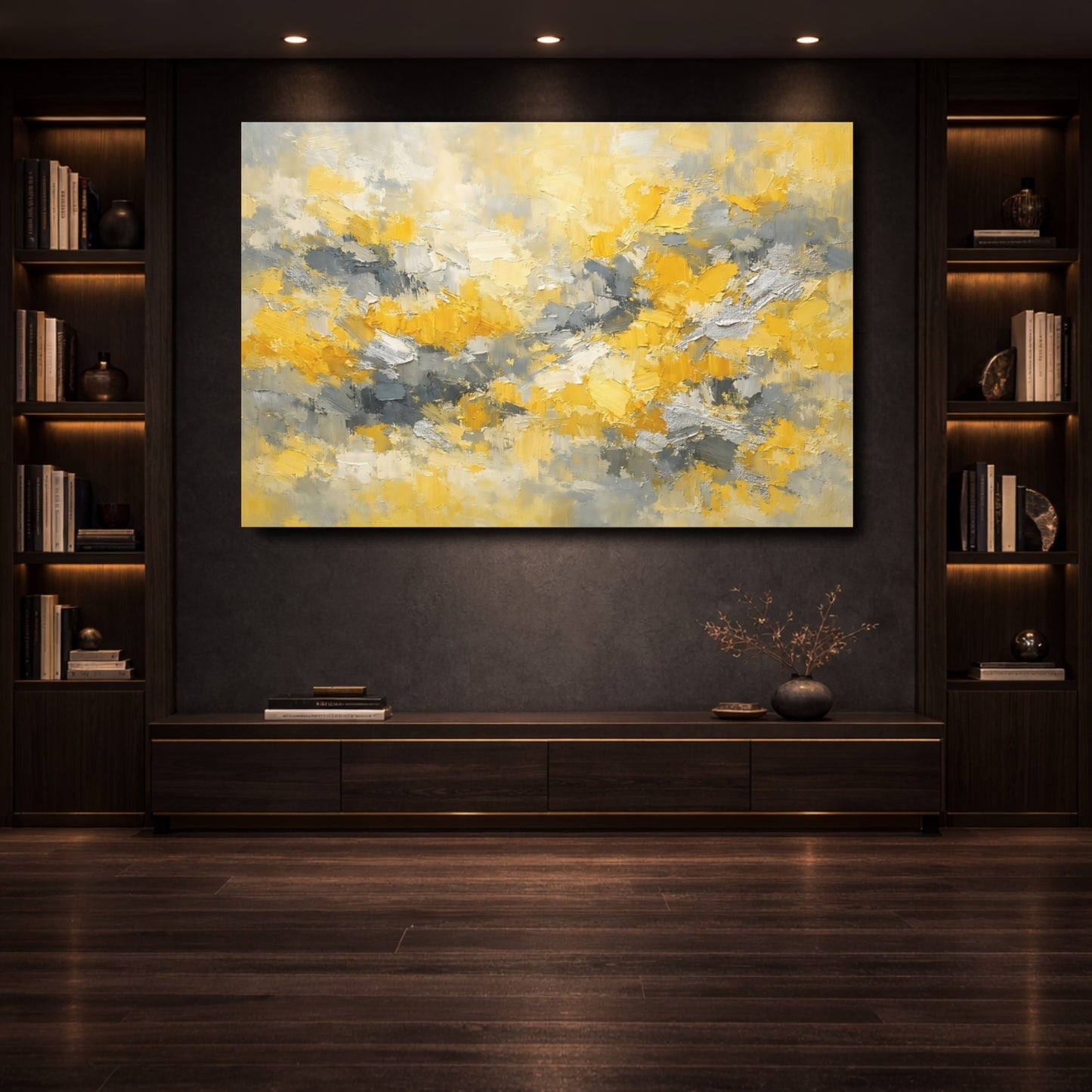 Mockup 3. Abstract Abstract Strokes Yellow Gray Abstract shown as stretched canvas wall art