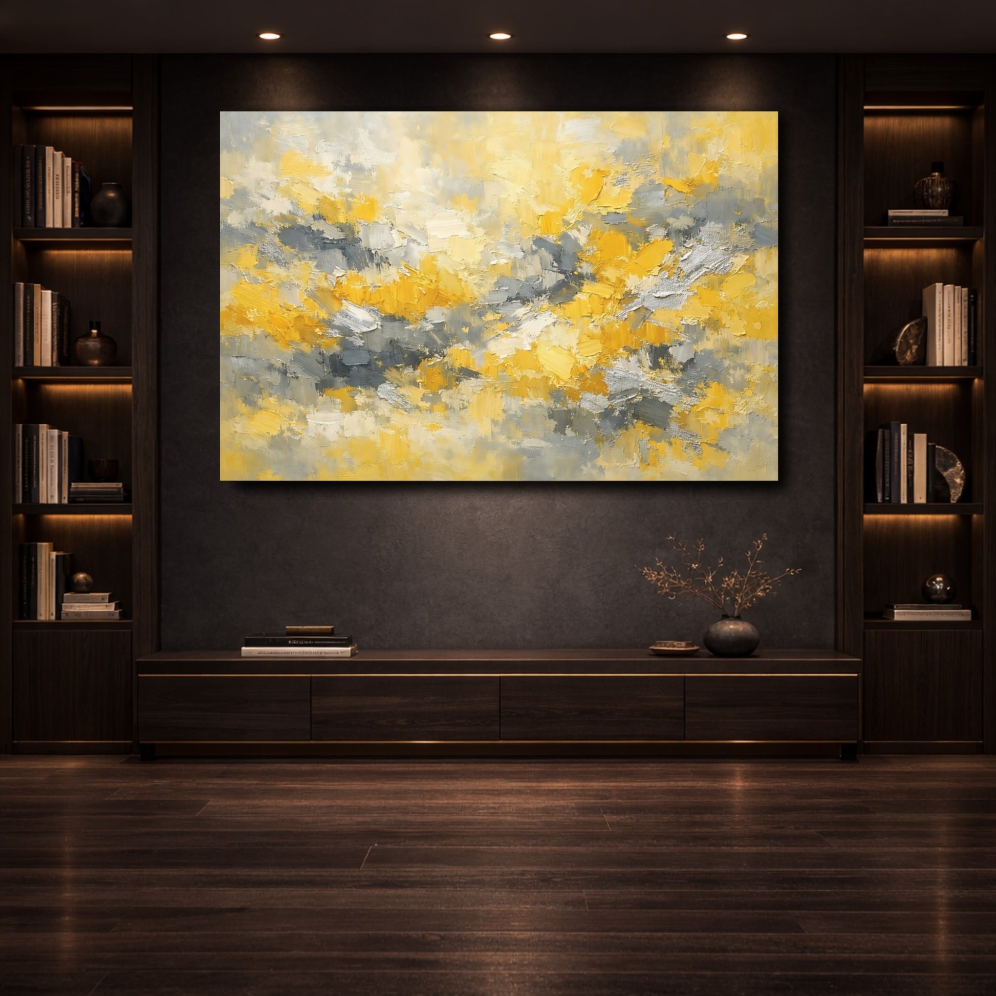 Mockup 3. Abstract Abstract Strokes Yellow Gray Abstract shown as stretched canvas wall art