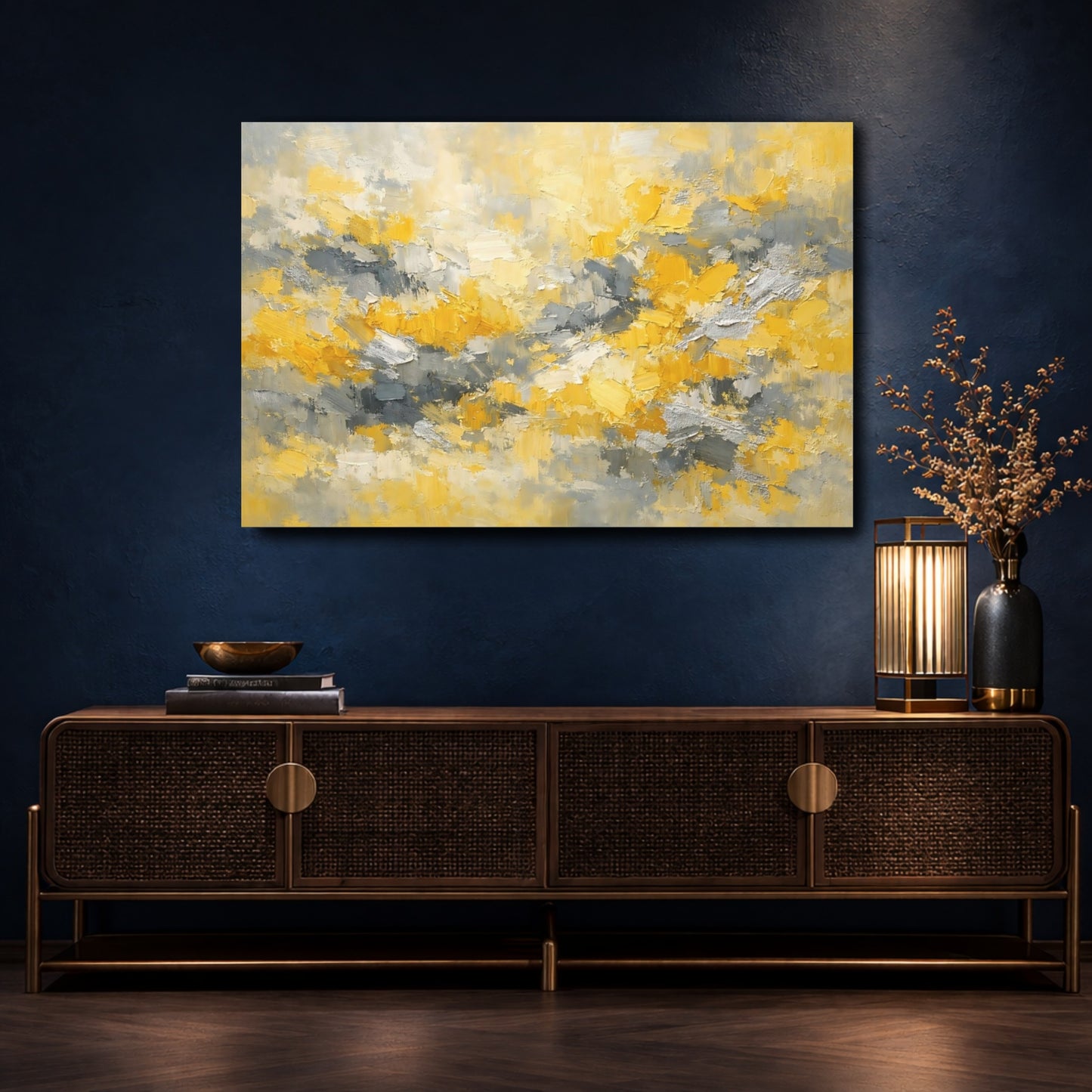 Mockup 4. Abstract Abstract Strokes Yellow Gray Abstract shown as stretched canvas wall art